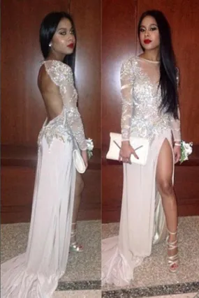 2017 Long Chiffon Prom Dresses,Sexy Illusion Neck Backless Prom Dress With High Slit,SVD425