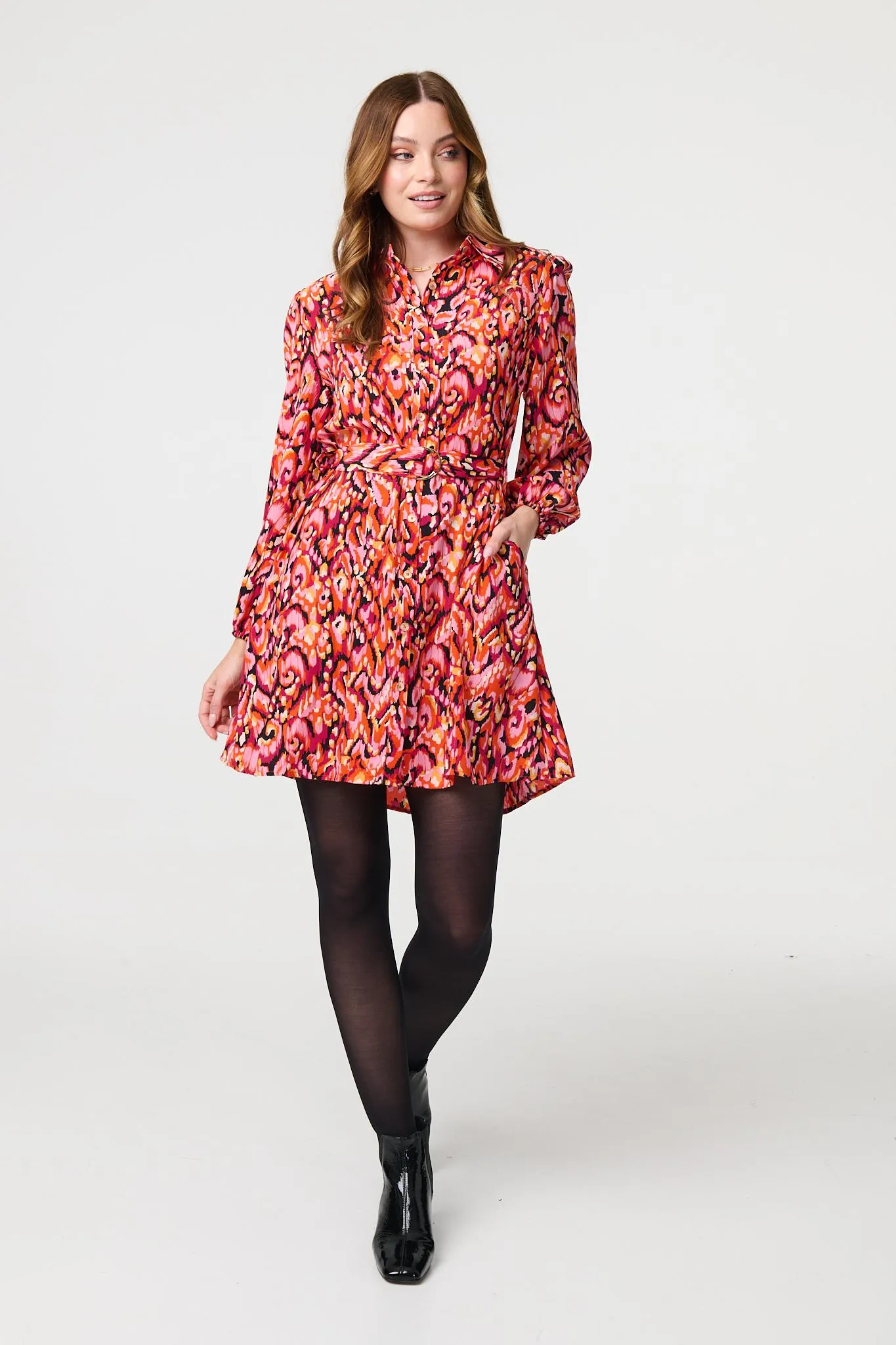 Abstract Print Belt Detail Shirt Dress