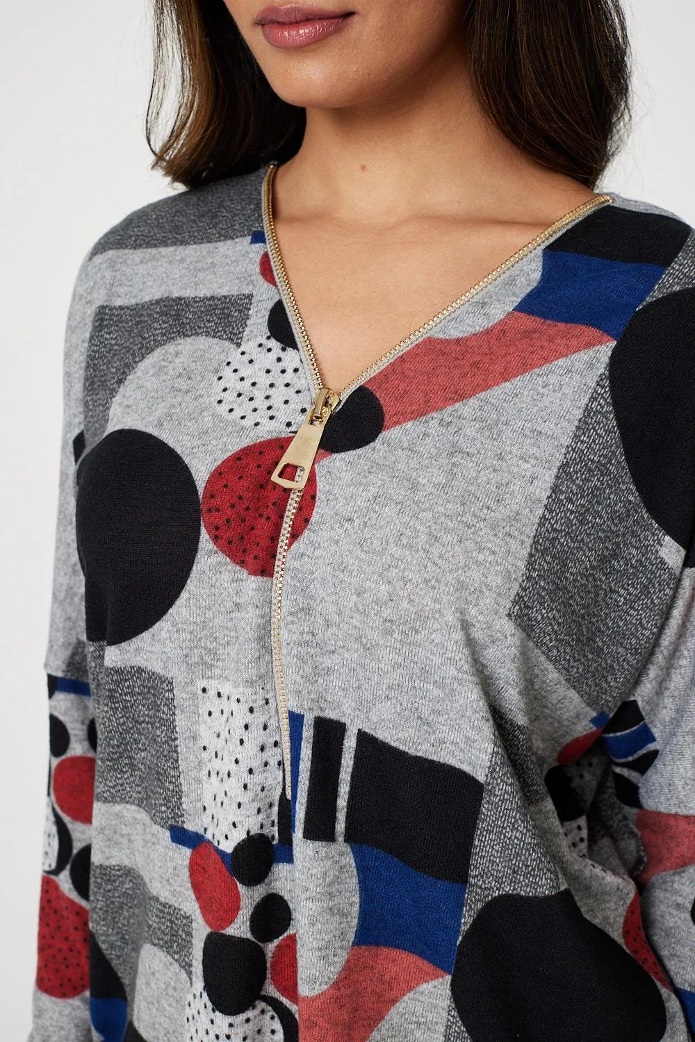 Abstract Print Zip Neck Jumper