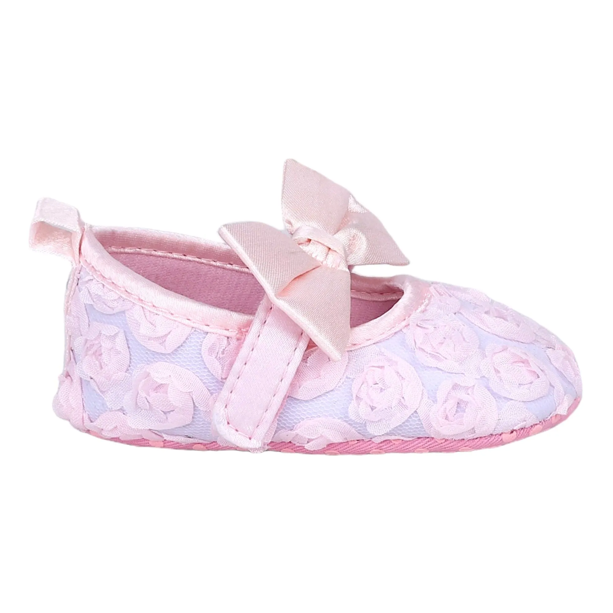 Baby Moo Big Bow Floral Lace Elastic Strap Ballerina Booties - Pink