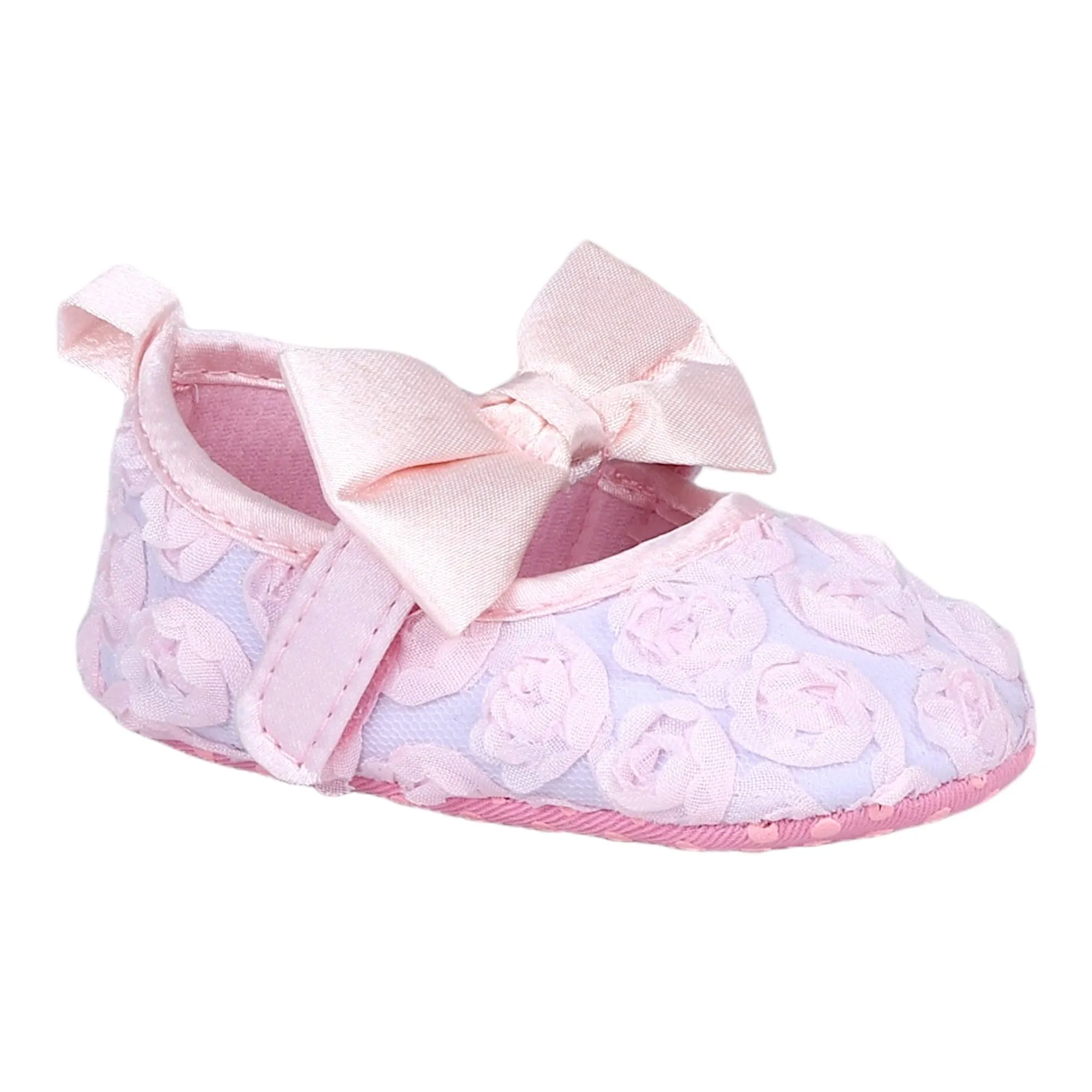 Baby Moo Big Bow Floral Lace Elastic Strap Ballerina Booties - Pink