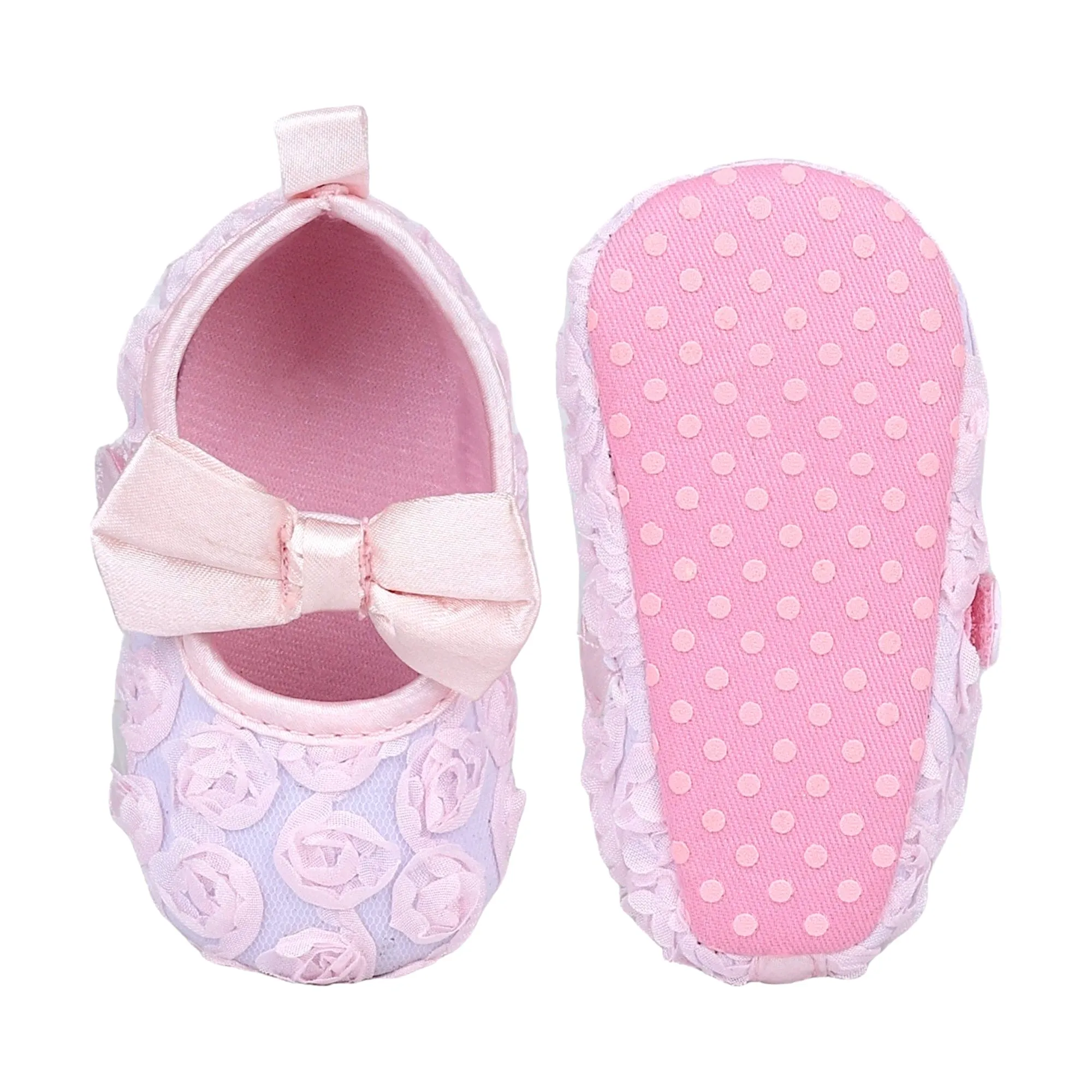 Baby Moo Big Bow Floral Lace Elastic Strap Ballerina Booties - Pink