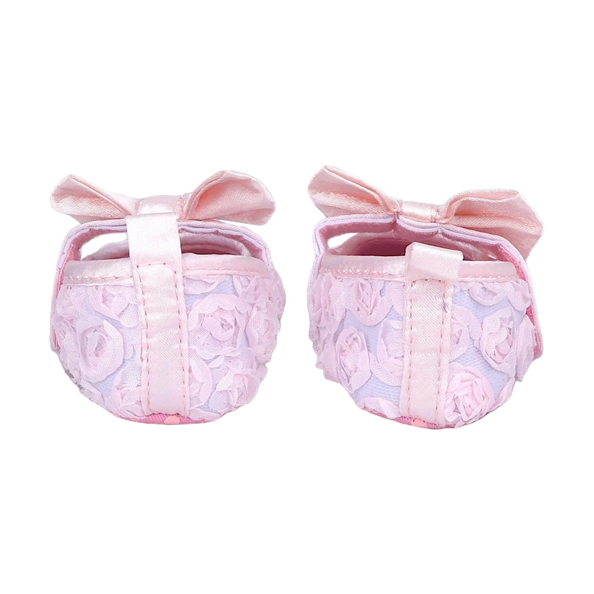 Baby Moo Big Bow Floral Lace Elastic Strap Ballerina Booties - Pink