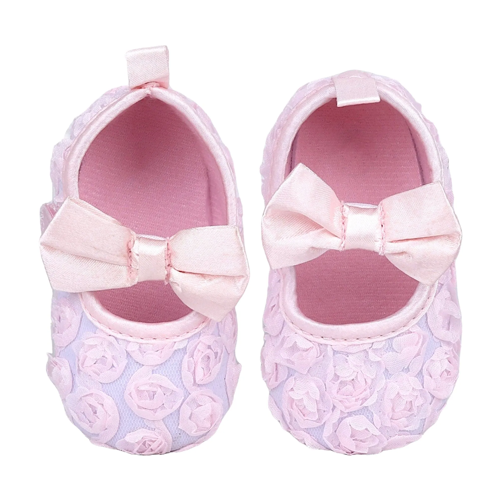 Baby Moo Big Bow Floral Lace Elastic Strap Ballerina Booties - Pink