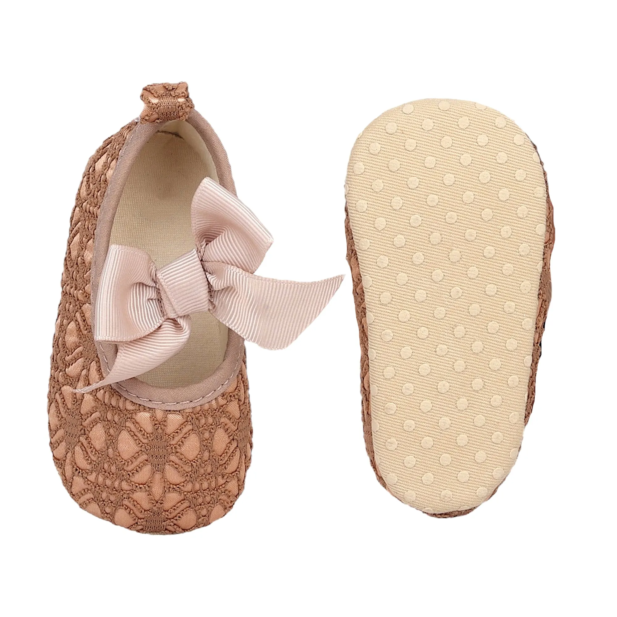 Baby Moo Big Bow Satin Lace Elastic Strap Ballerina Booties - Gold