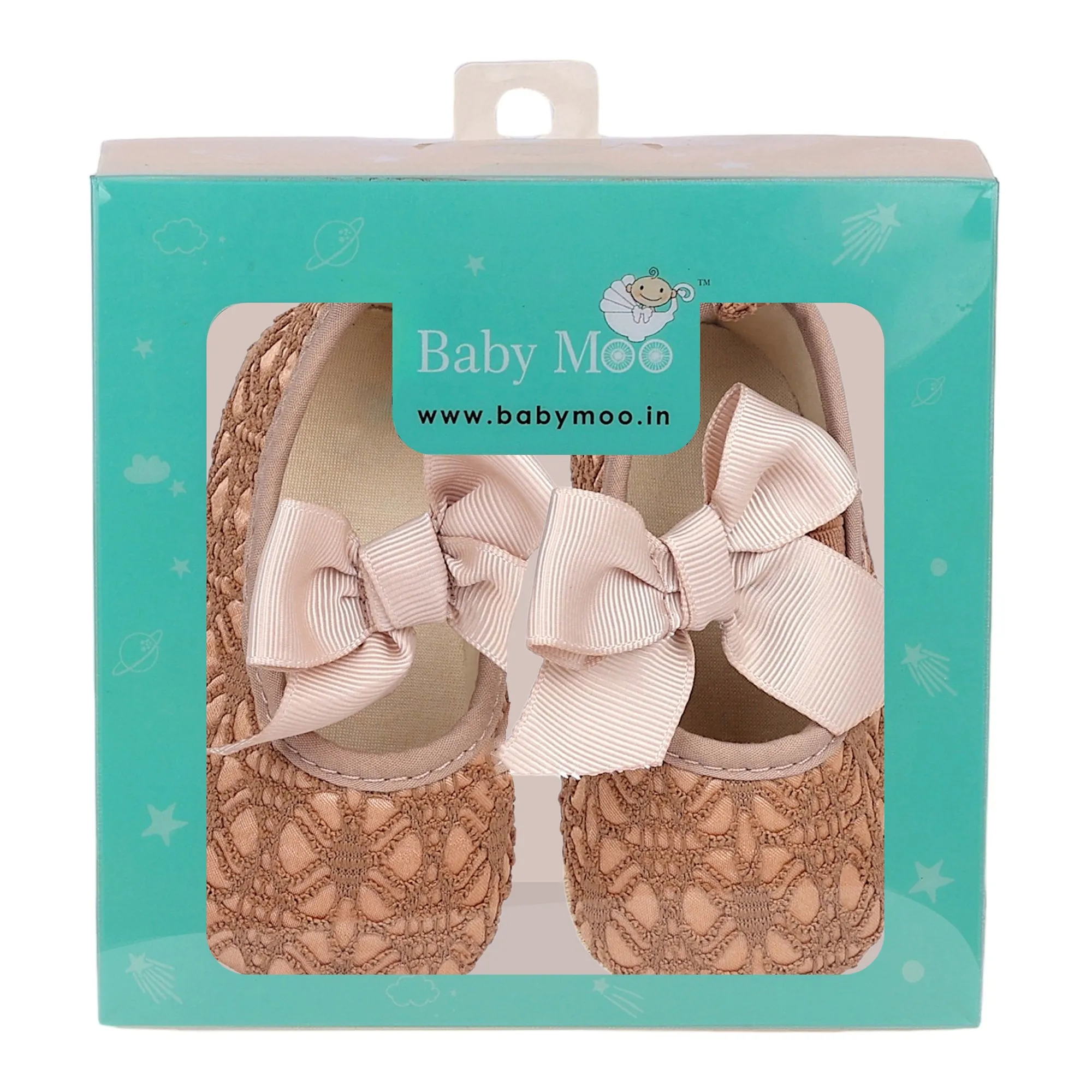 Baby Moo Big Bow Satin Lace Elastic Strap Ballerina Booties - Gold