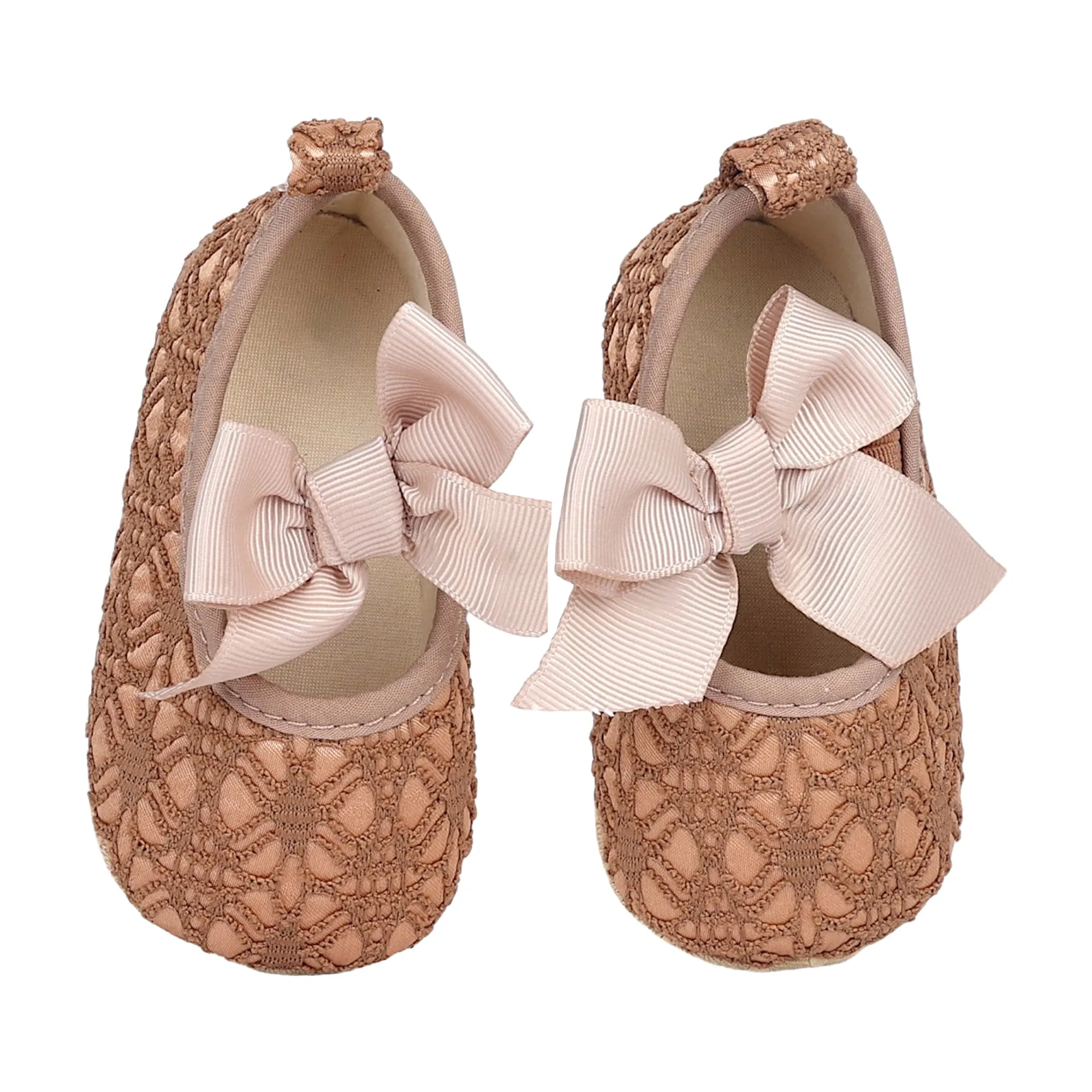 Baby Moo Big Bow Satin Lace Elastic Strap Ballerina Booties - Gold