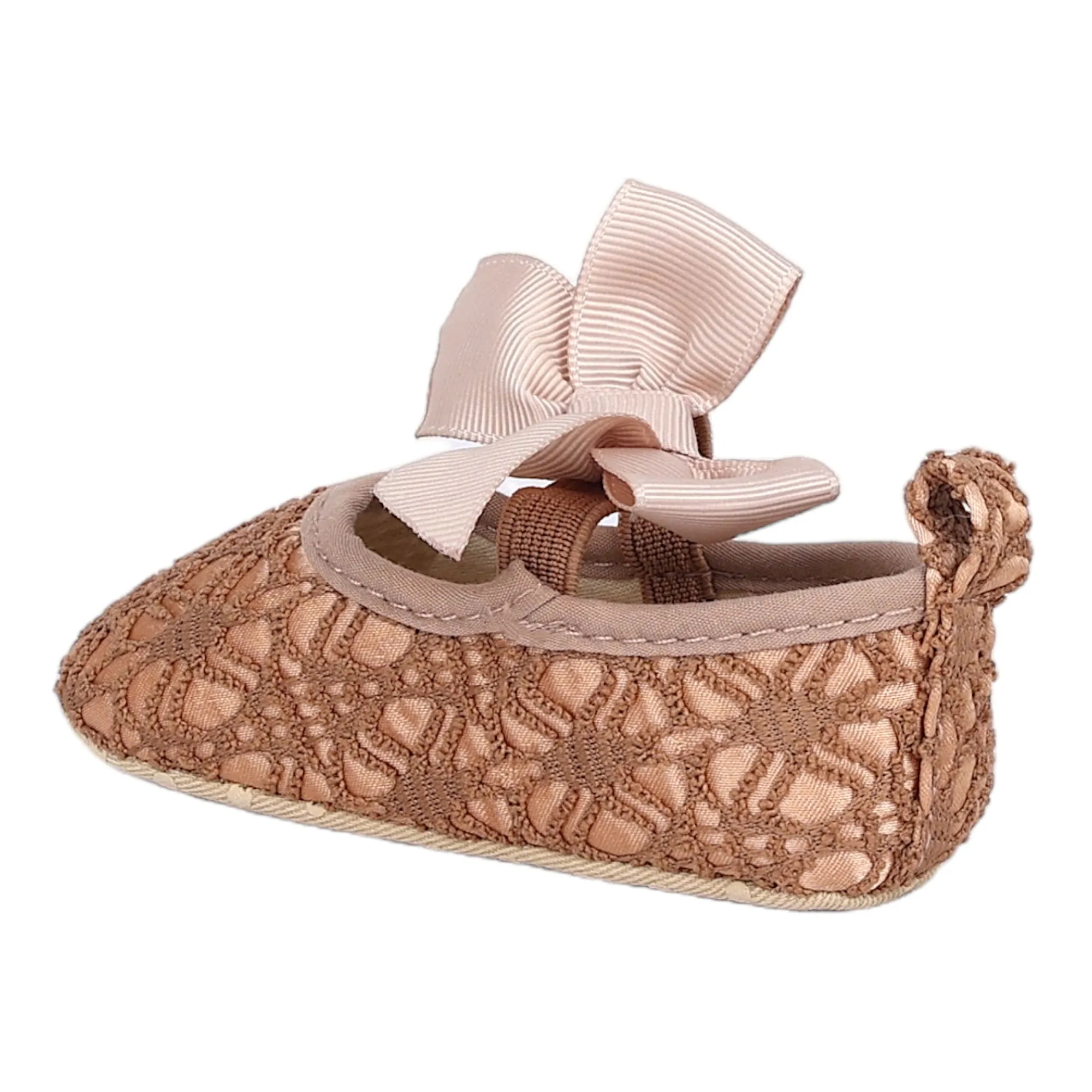 Baby Moo Big Bow Satin Lace Elastic Strap Ballerina Booties - Gold