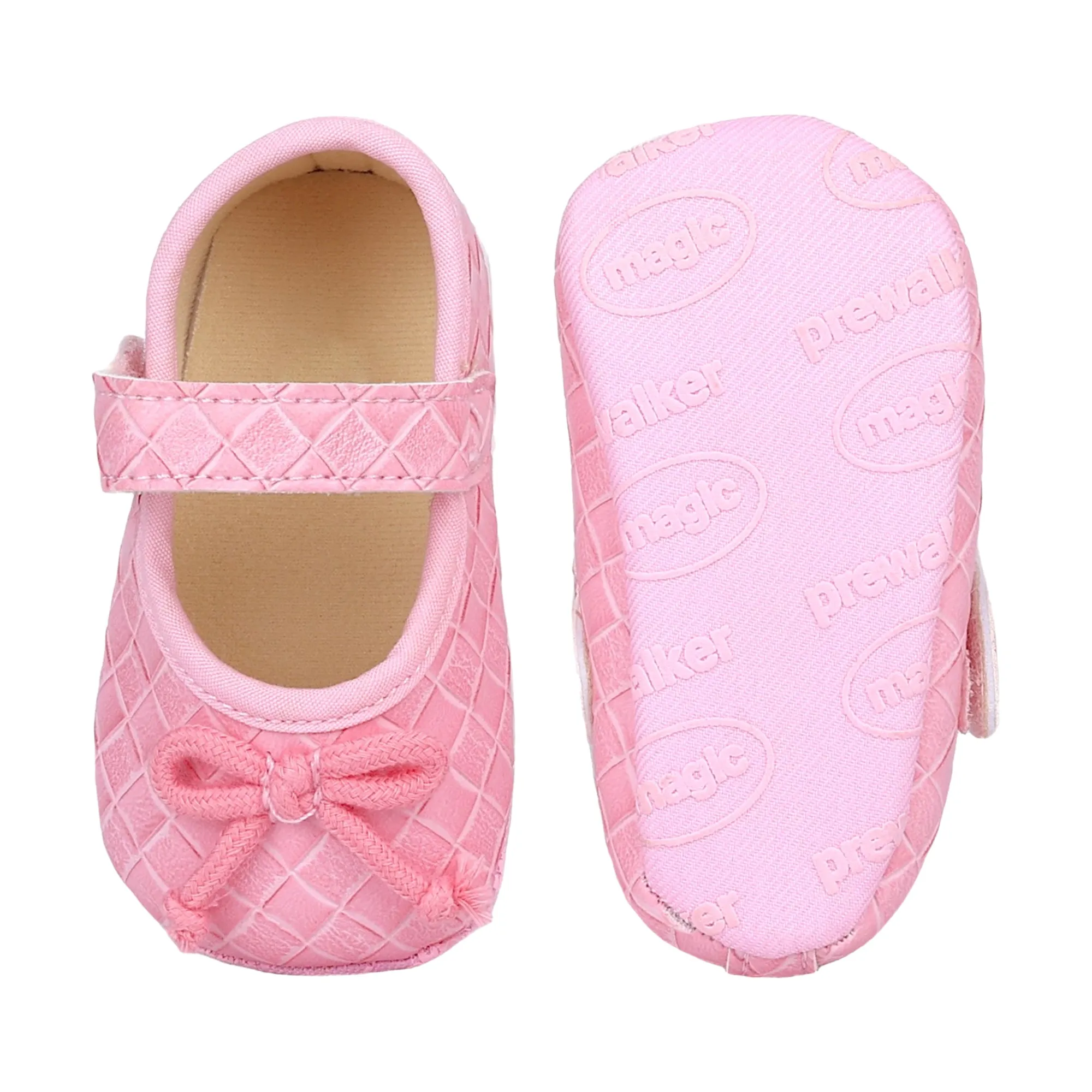 Baby Moo Bow Knot Velcro Strap Textured Leather Anti-Skid Ballerina Booties - Pink