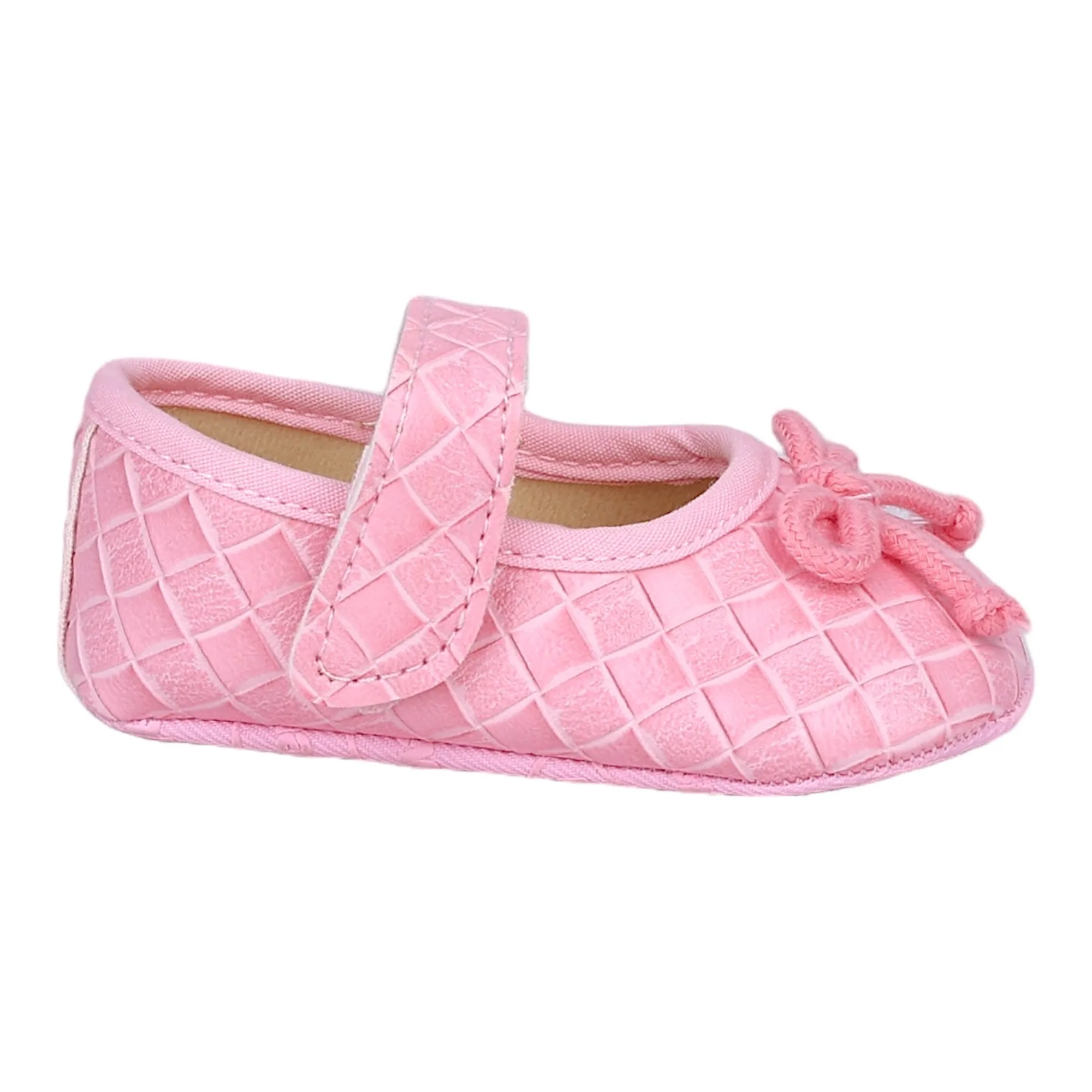 Baby Moo Bow Knot Velcro Strap Textured Leather Anti-Skid Ballerina Booties - Pink