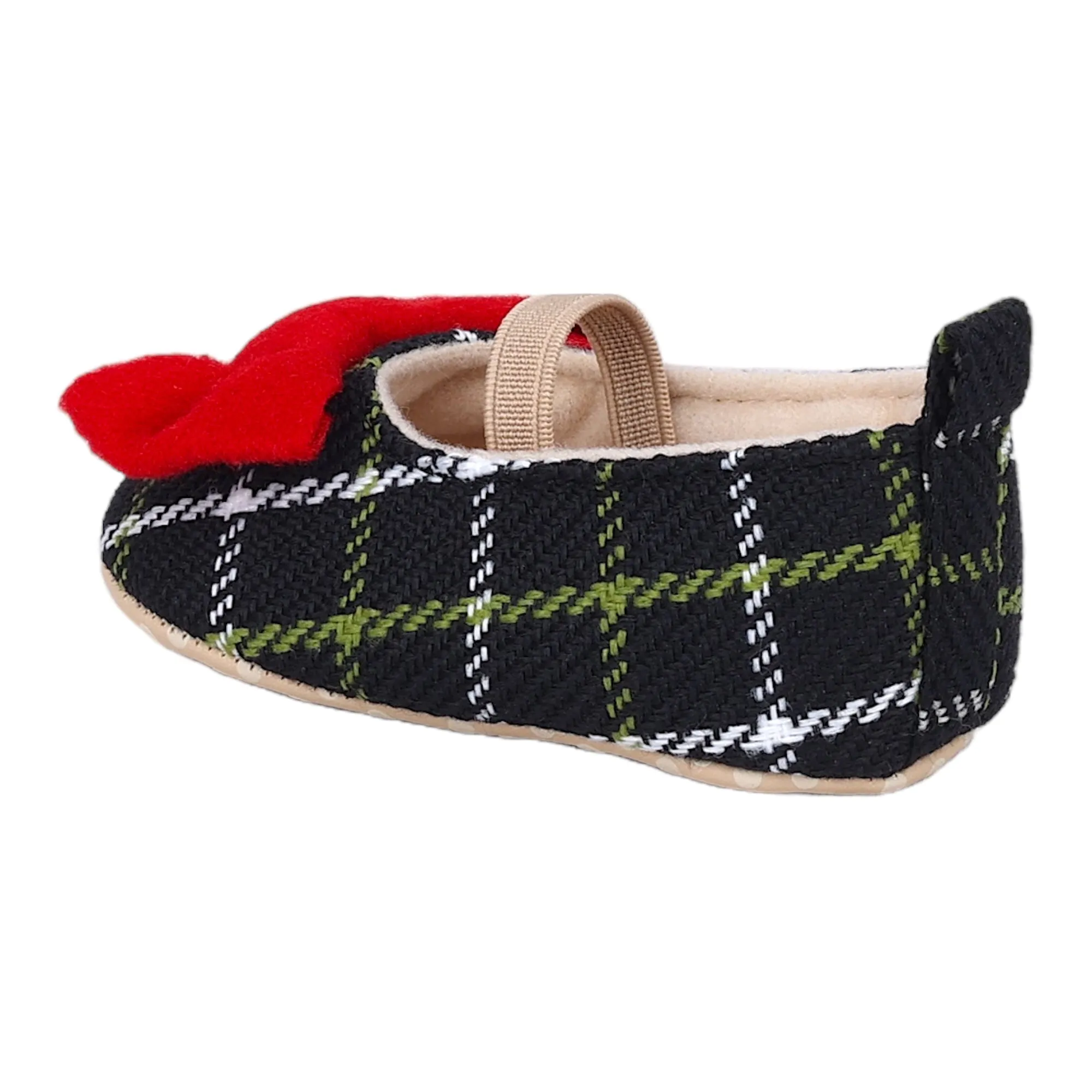 Baby Moo Bow With Elastic Strap Plaid Ballerina Booties - Black