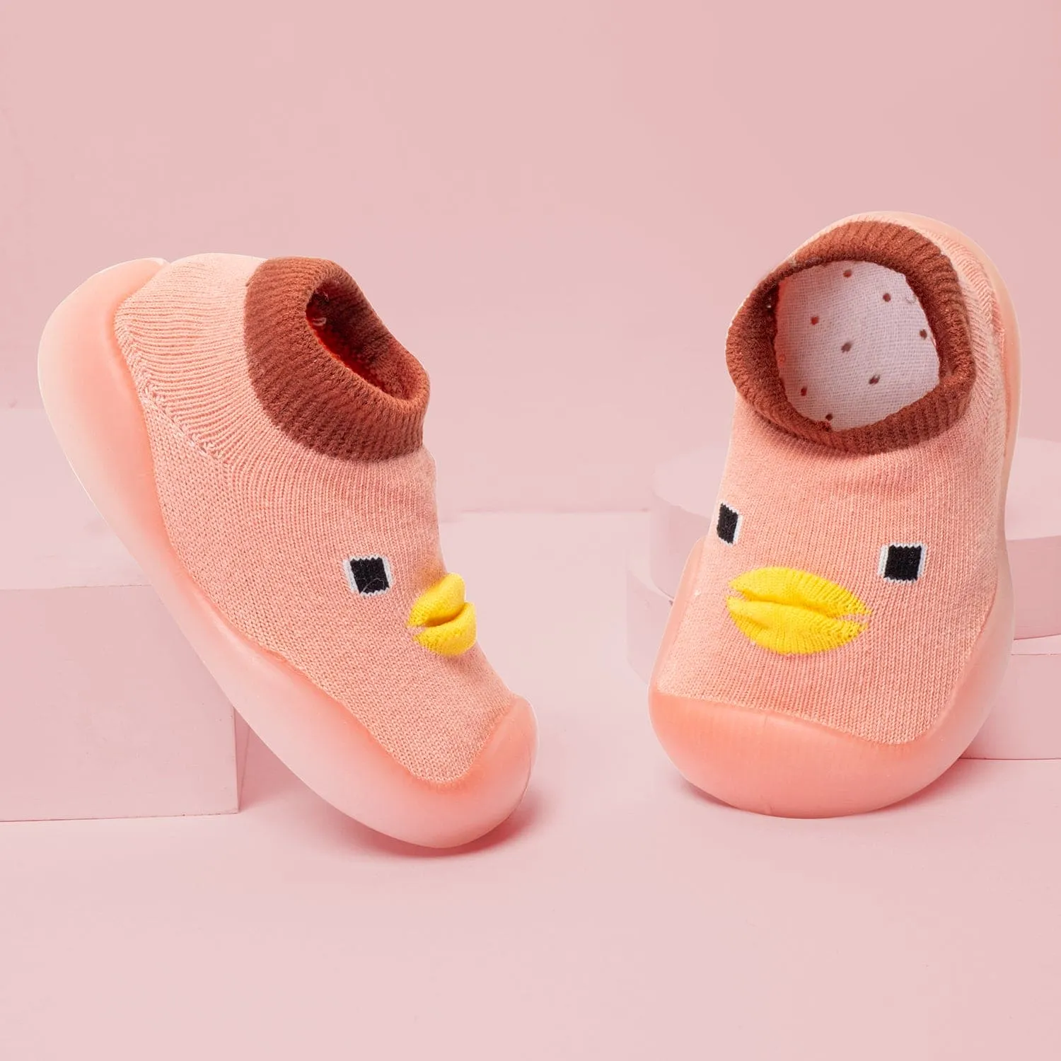 Baby Moo Cute Duck Anti-Skid Rubber Sole Comfy Slip-On Sock Shoes - Peach