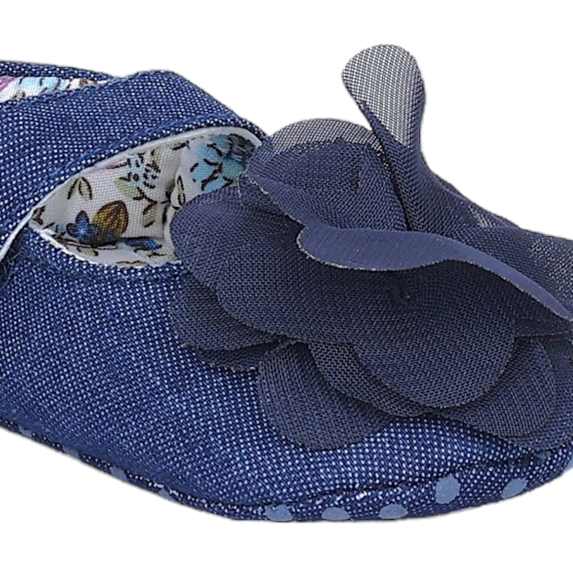 Baby Moo Embellished Flower Velcro Strap Denim Ballerina Booties - Navy Blue