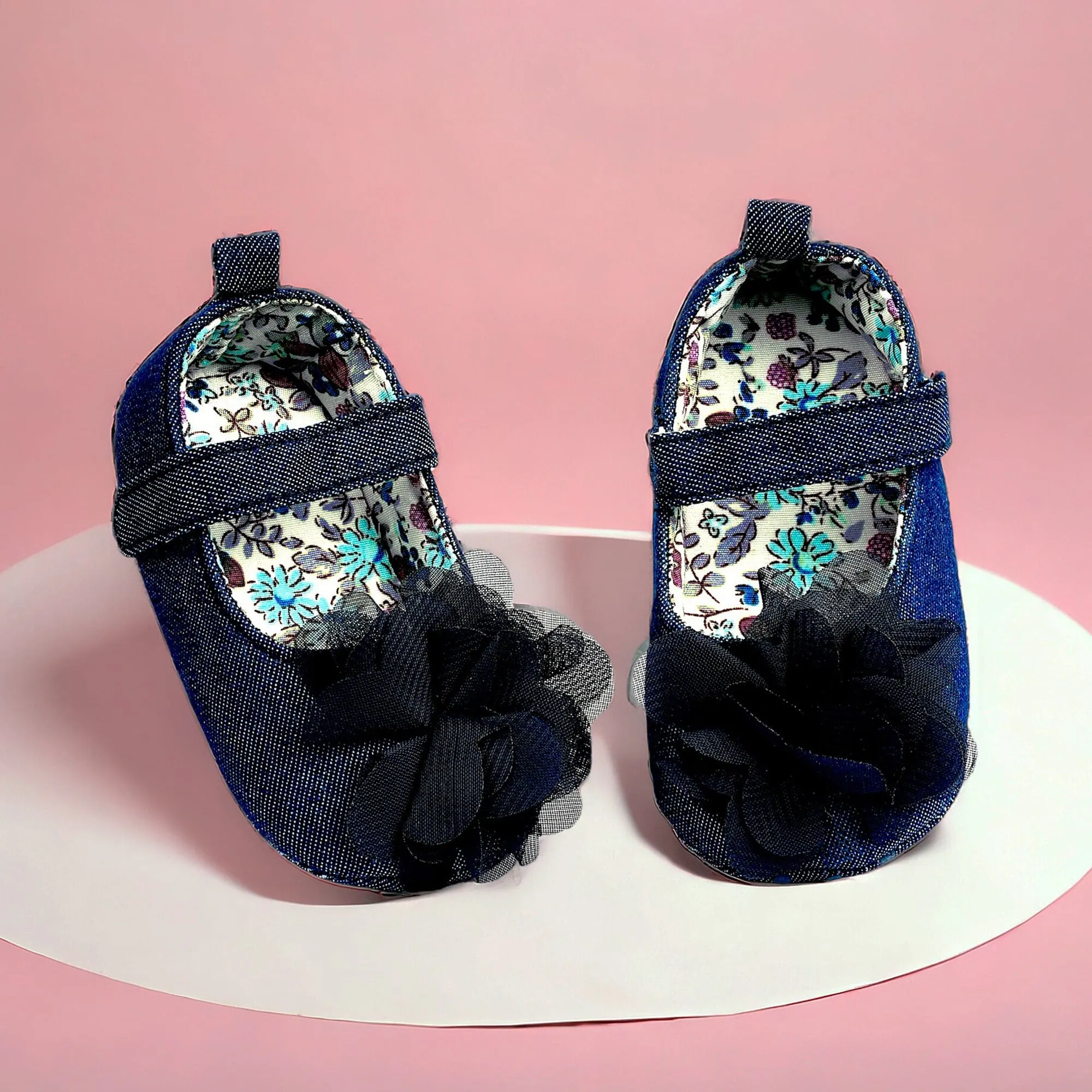 Baby Moo Embellished Flower Velcro Strap Denim Ballerina Booties - Navy Blue