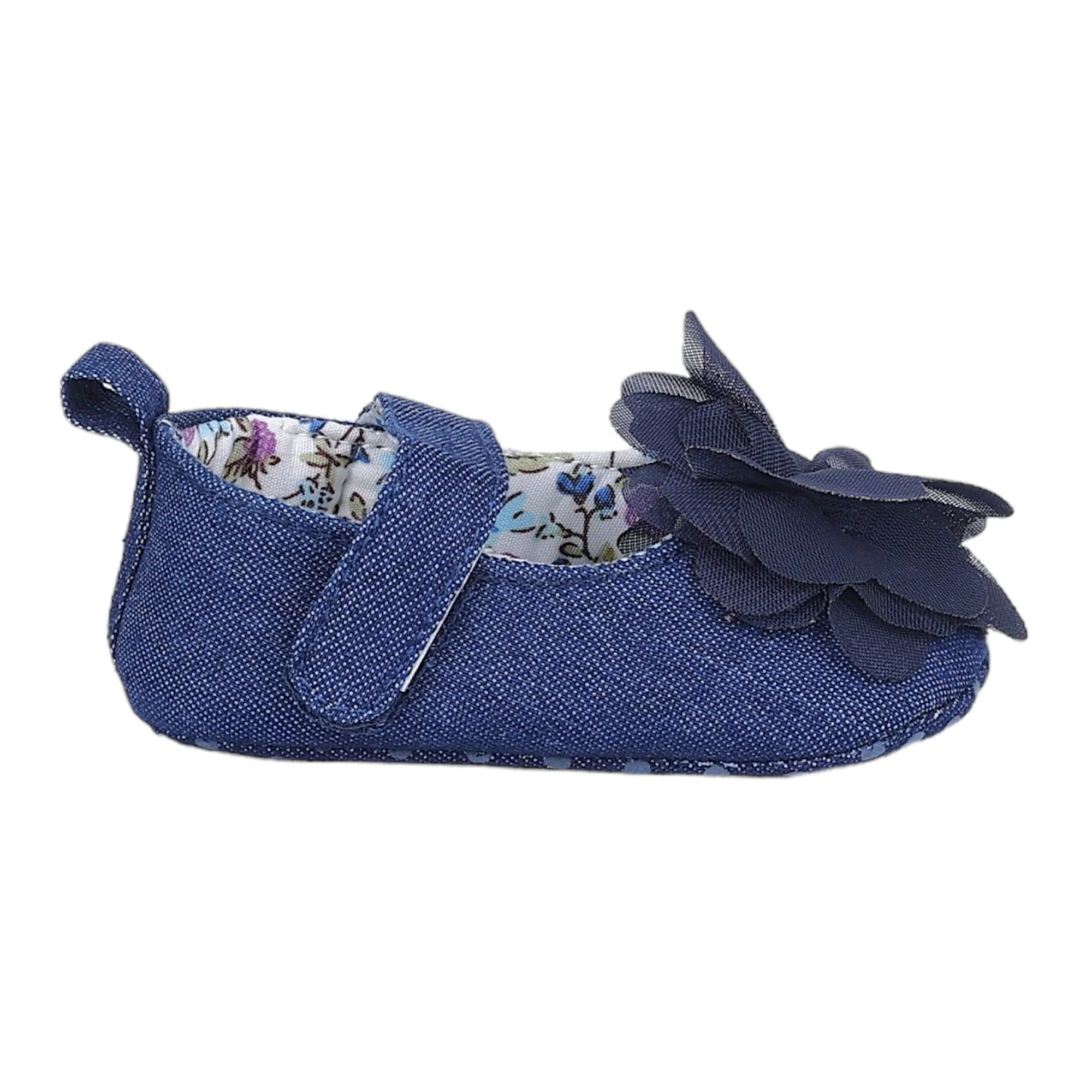 Baby Moo Embellished Flower Velcro Strap Denim Ballerina Booties - Navy Blue