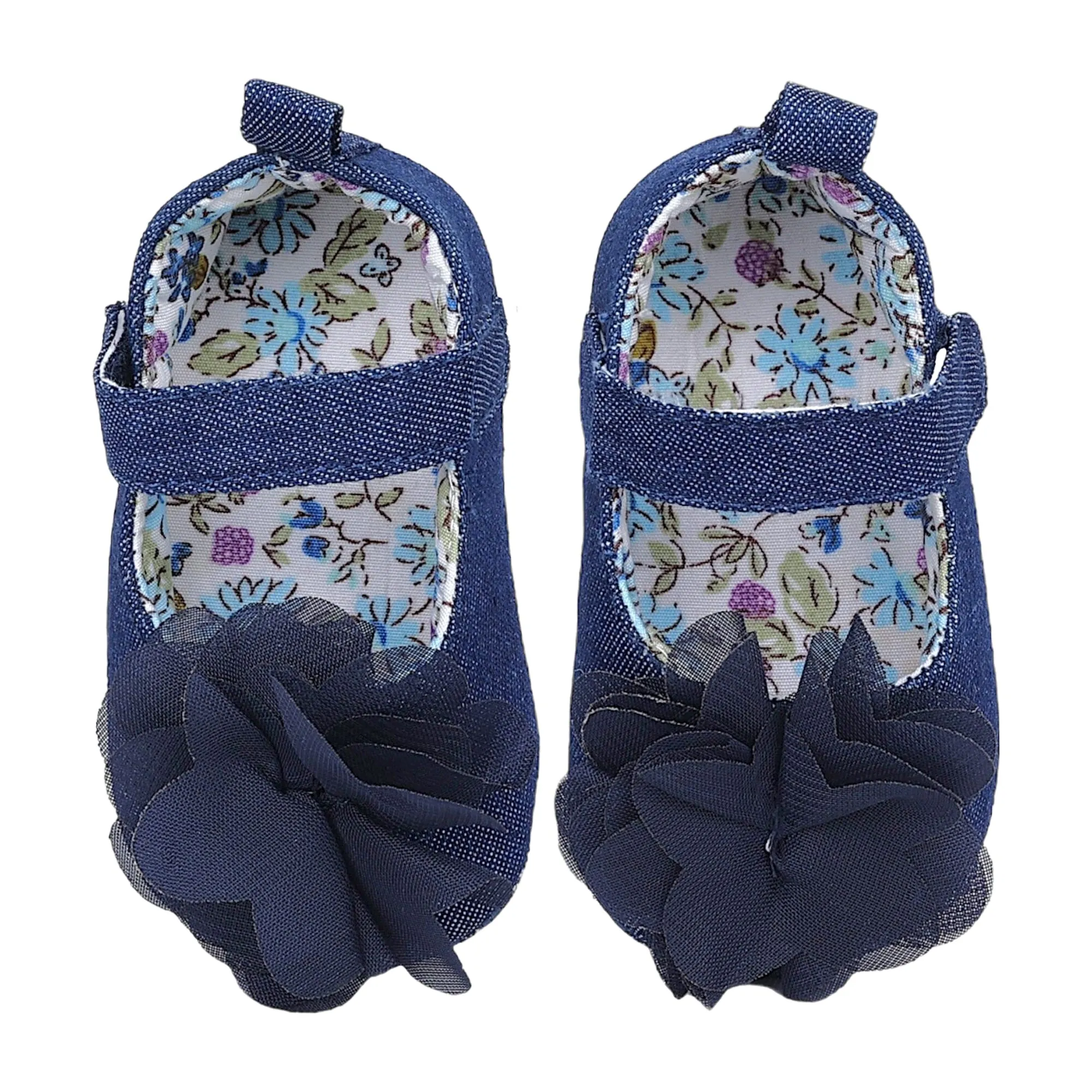 Baby Moo Embellished Flower Velcro Strap Denim Ballerina Booties - Navy Blue