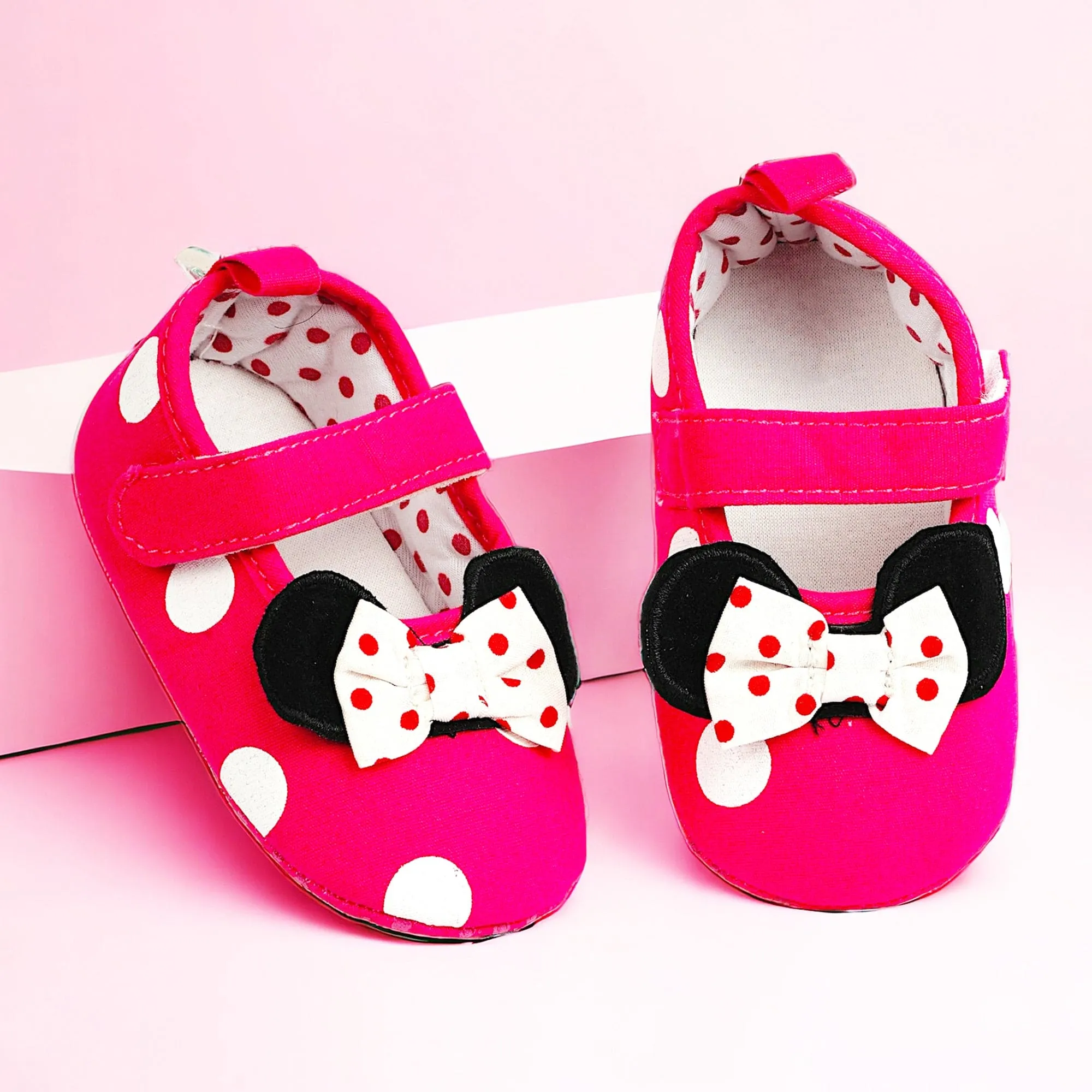 Baby Moo Mini Mouse Bow Velcro Strap Anti-Skid Ballerina Booties - Pink