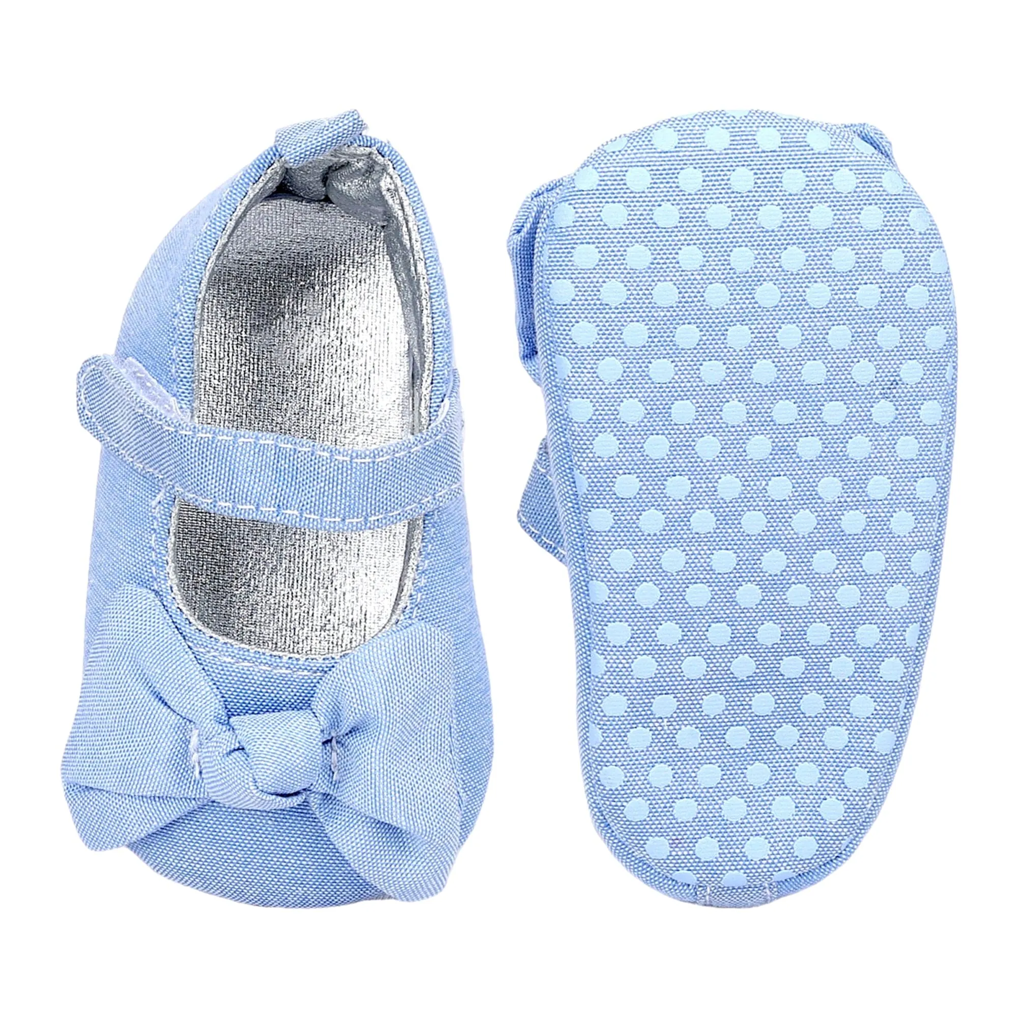 Baby Moo Pretty Bow Knot Velcro Strap Anti-Skid Ballerina Booties - Blue