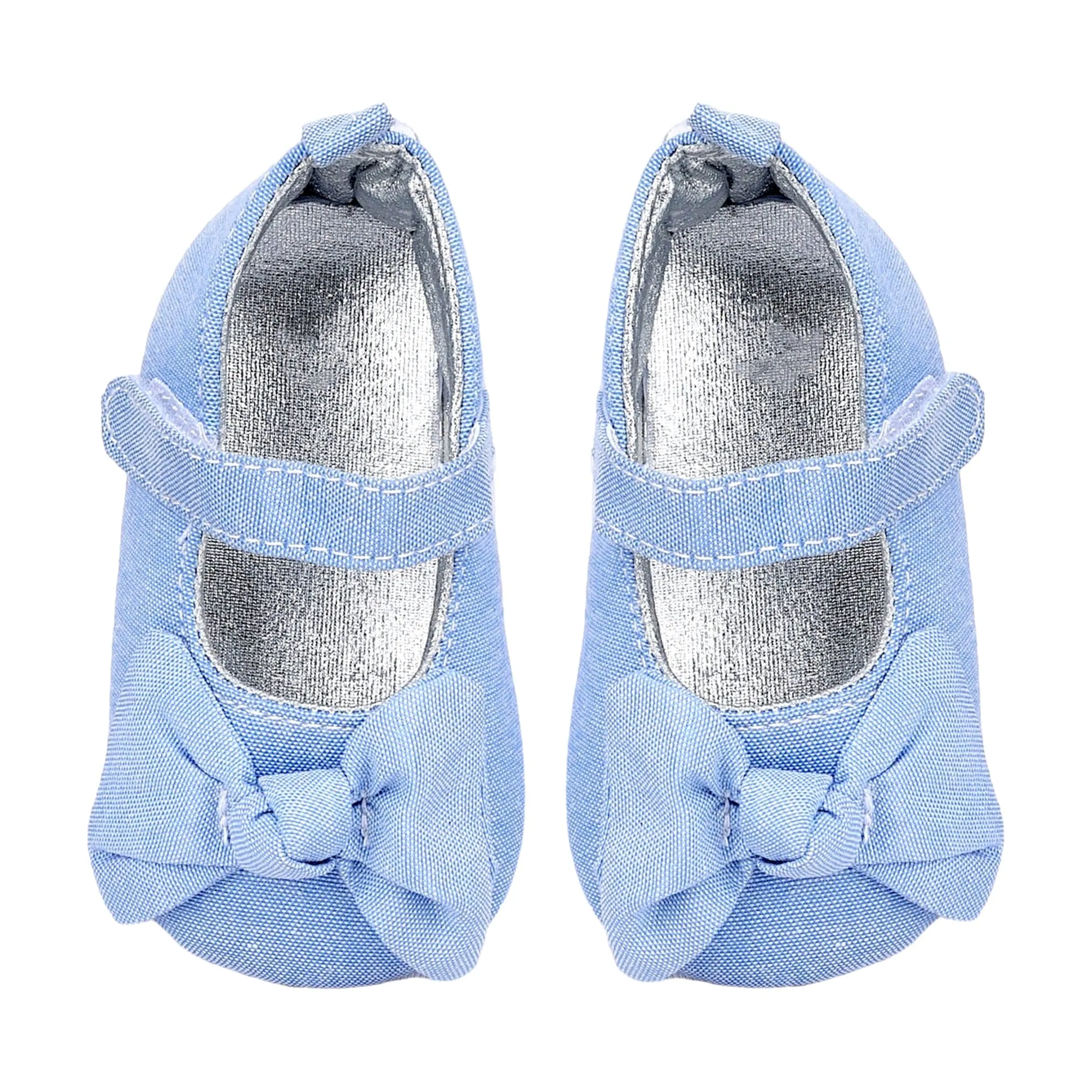 Baby Moo Pretty Bow Knot Velcro Strap Anti-Skid Ballerina Booties - Blue