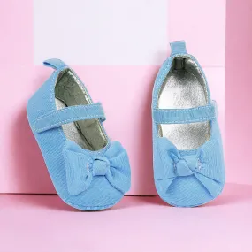 Baby Moo Pretty Bow Knot Velcro Strap Anti-Skid Ballerina Booties - Blue