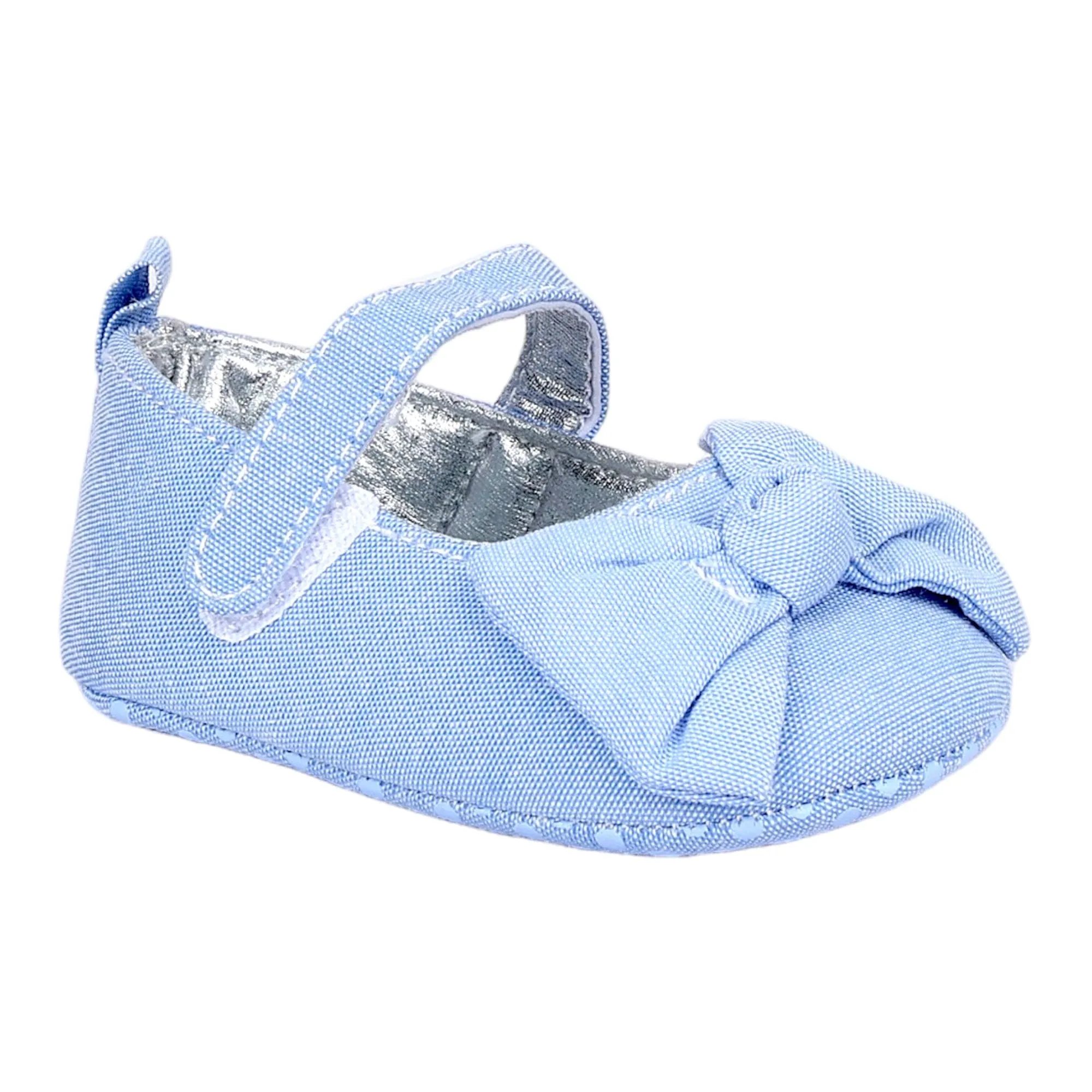 Baby Moo Pretty Bow Knot Velcro Strap Anti-Skid Ballerina Booties - Blue