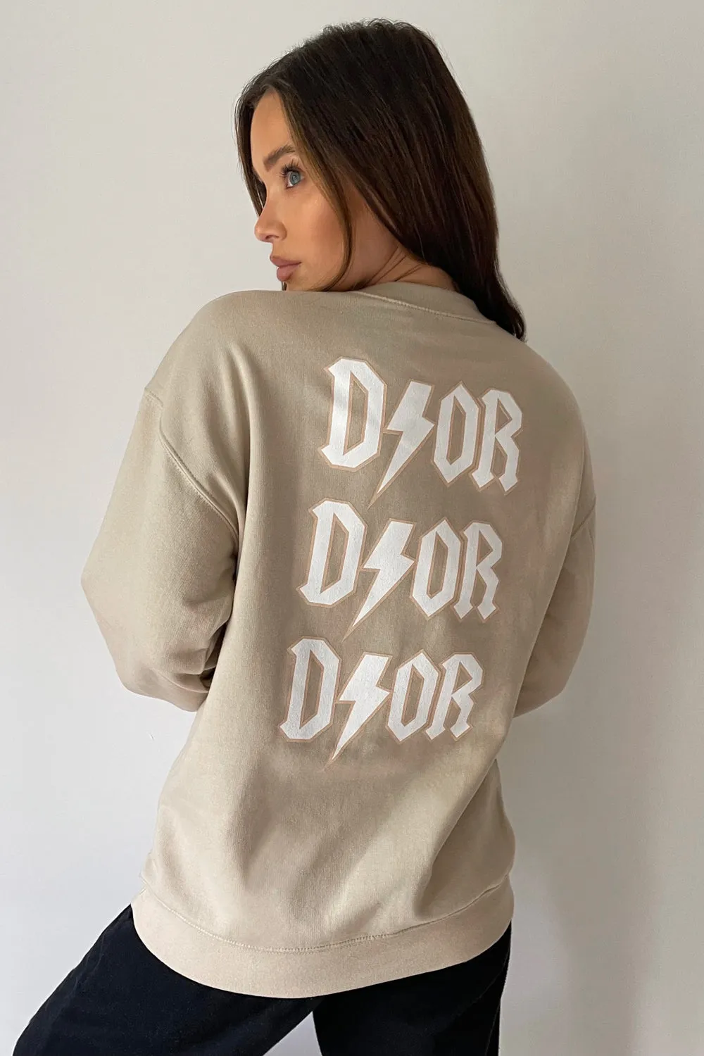 Beige Slogan Oversized Jumper