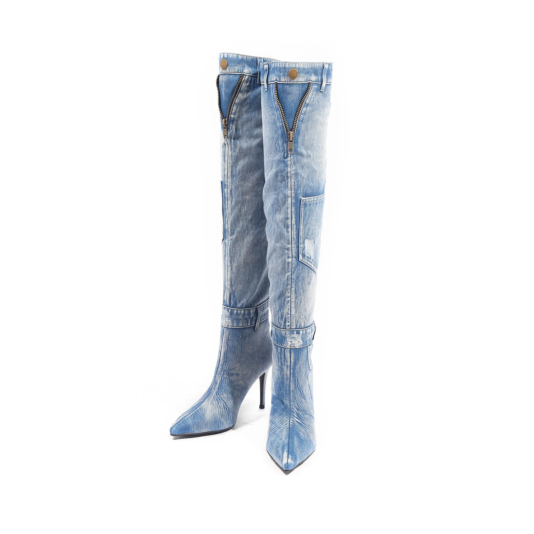 Blue Denim Boll Knee-High Boots