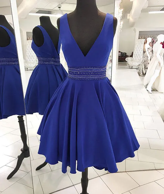 Blue v neck satin short prom dress, blue homecoming dress