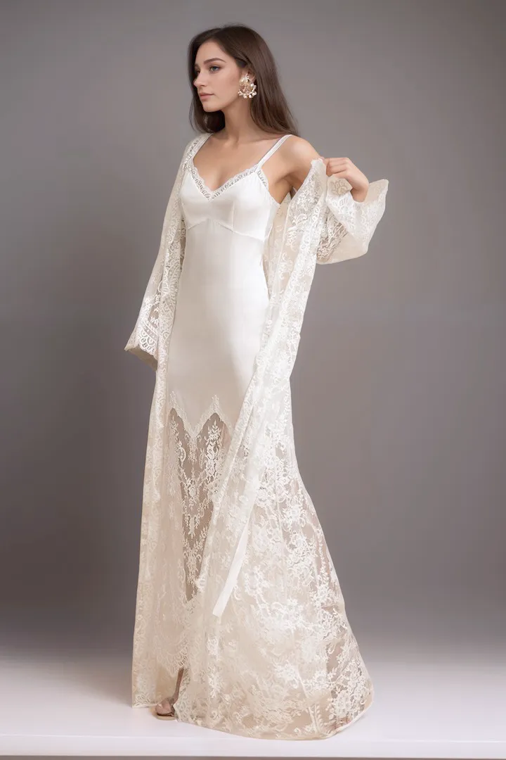 Chantilly floral lace long Lingerie Robe with silky satin lace nightgown