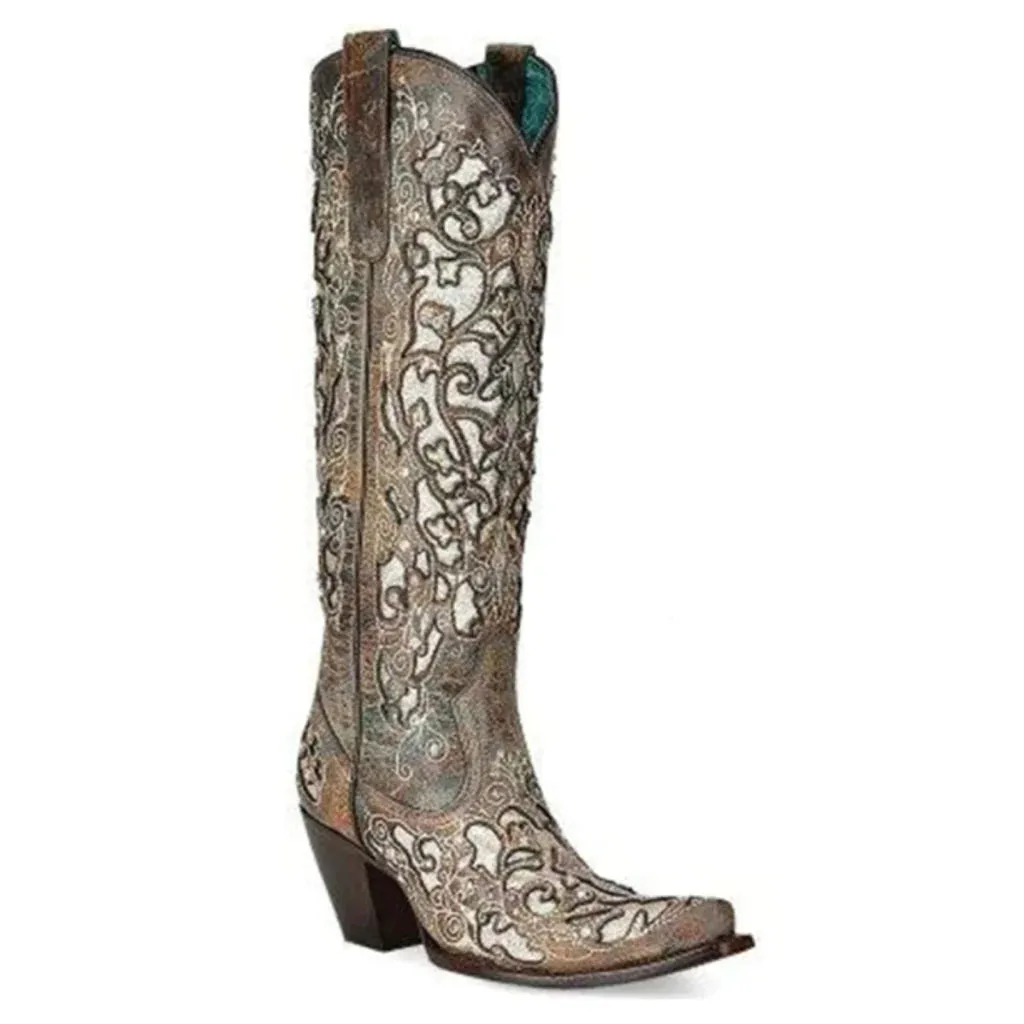 Corral® Ladies Distressed Glitter Inlay Brown Western Boots A4346