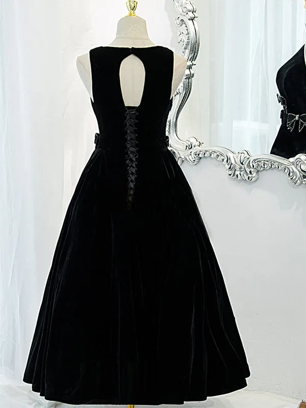 Elegant Black Sleeveless Jewel Neck Bow Ties A-line Long Prom Dress, PD3323