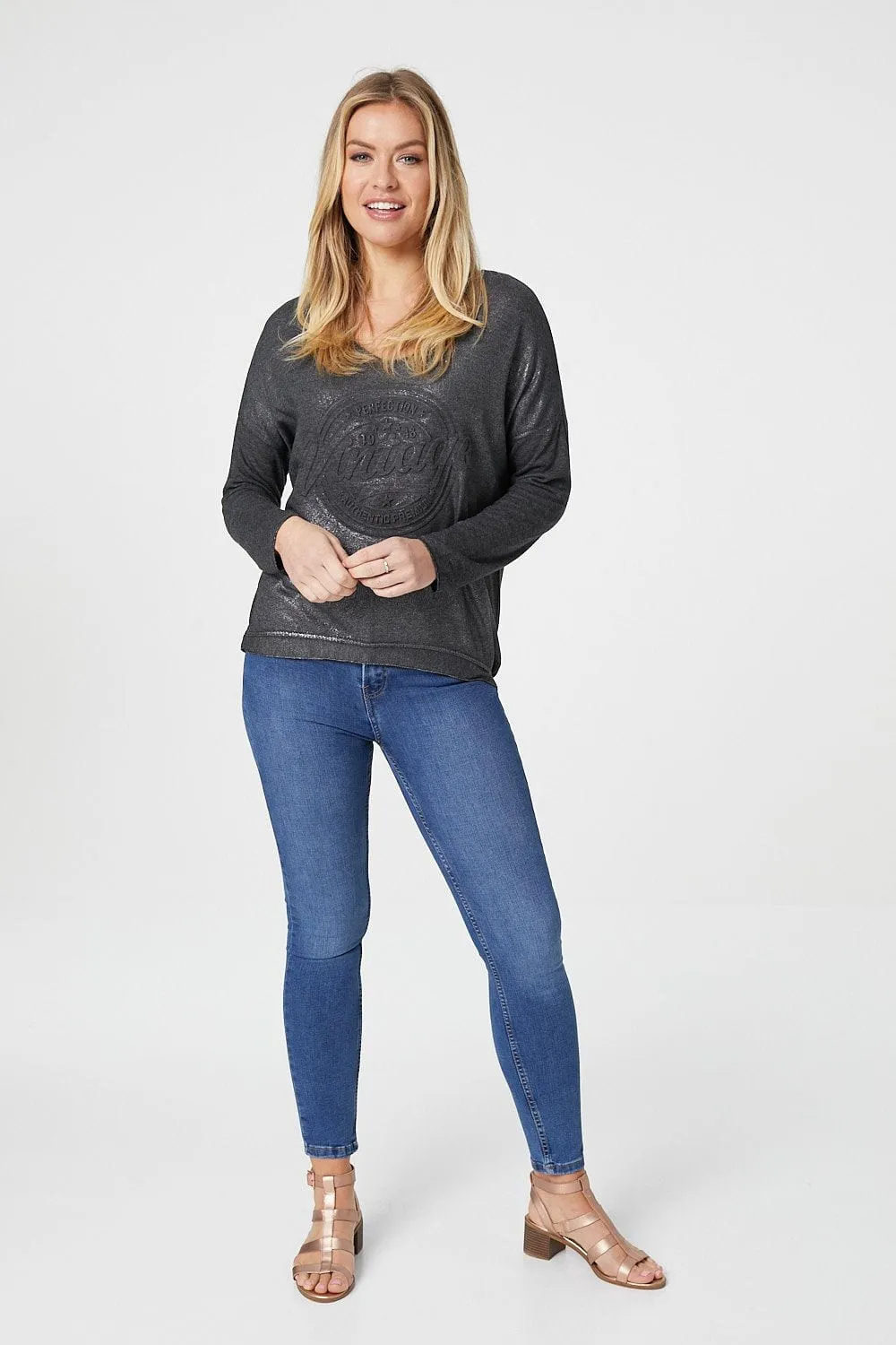 Embossed Logo Print Slouchy Top