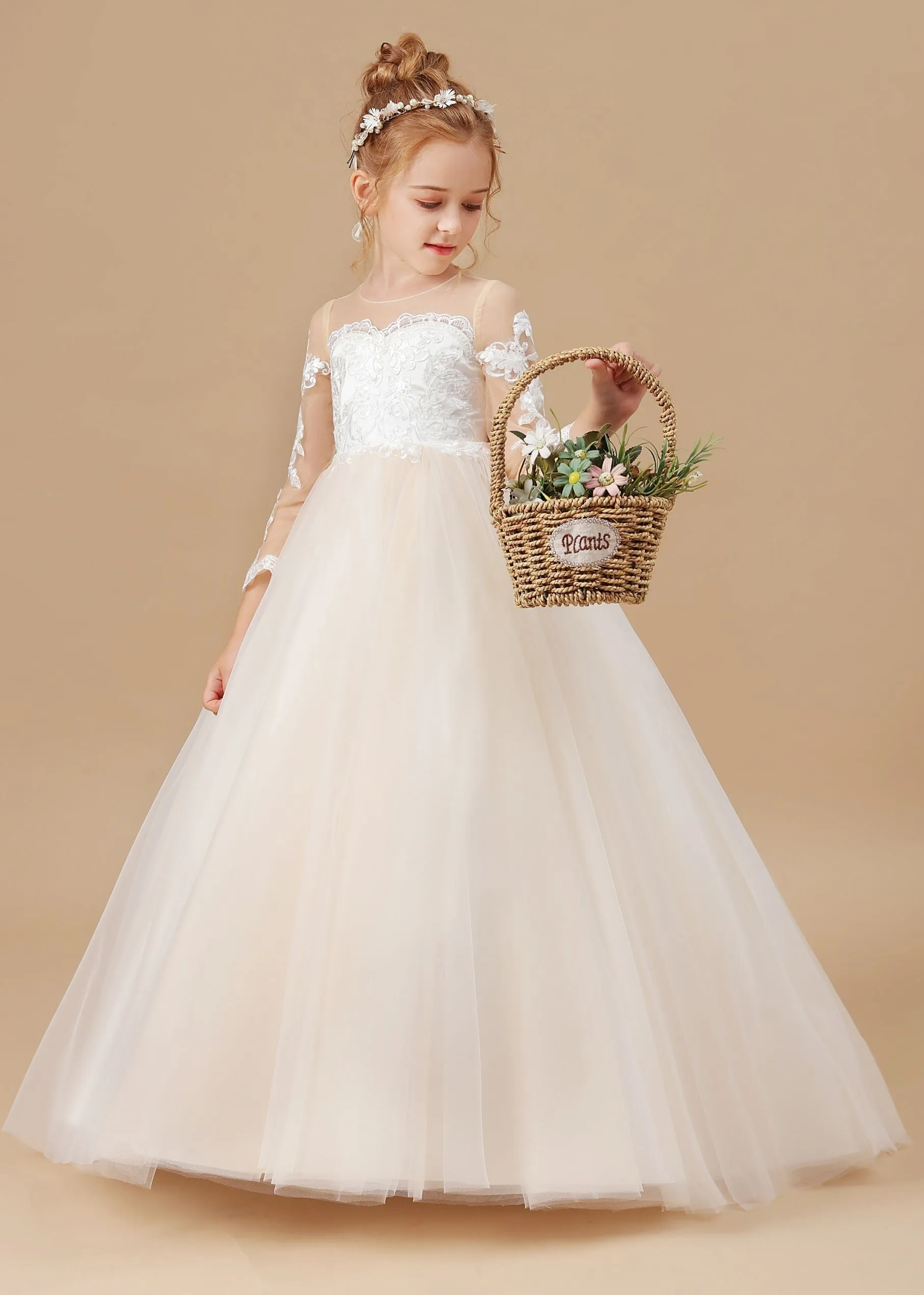 Floor-length Tulle Satin Long Sleeves Lace Flower Girl Dresses