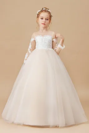 Floor-length Tulle Satin Long Sleeves Lace Flower Girl Dresses