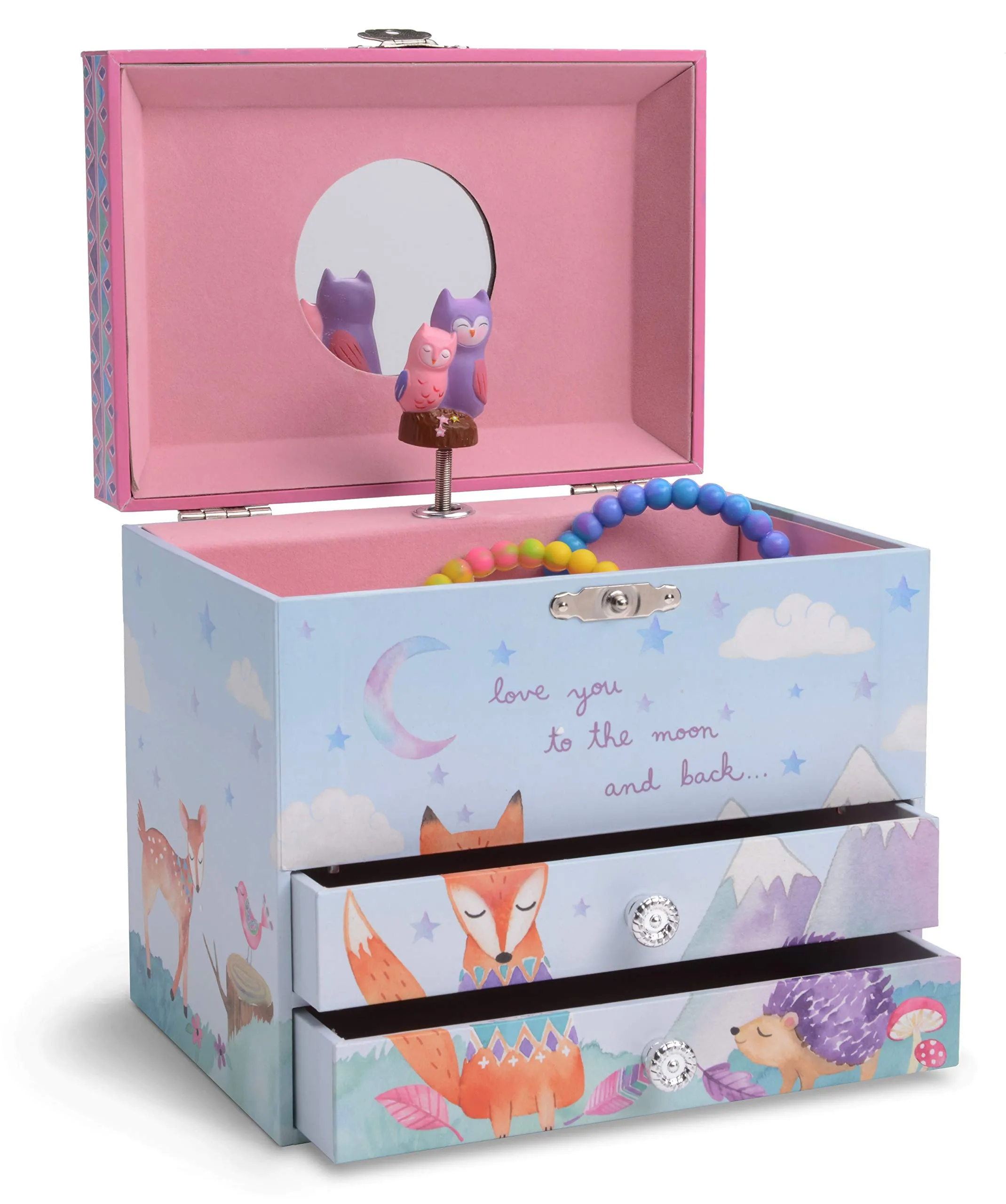 Jewelkeeper Musical Jewelry Box with 2 Pullout Drawers with Spinning Owls, Woodland