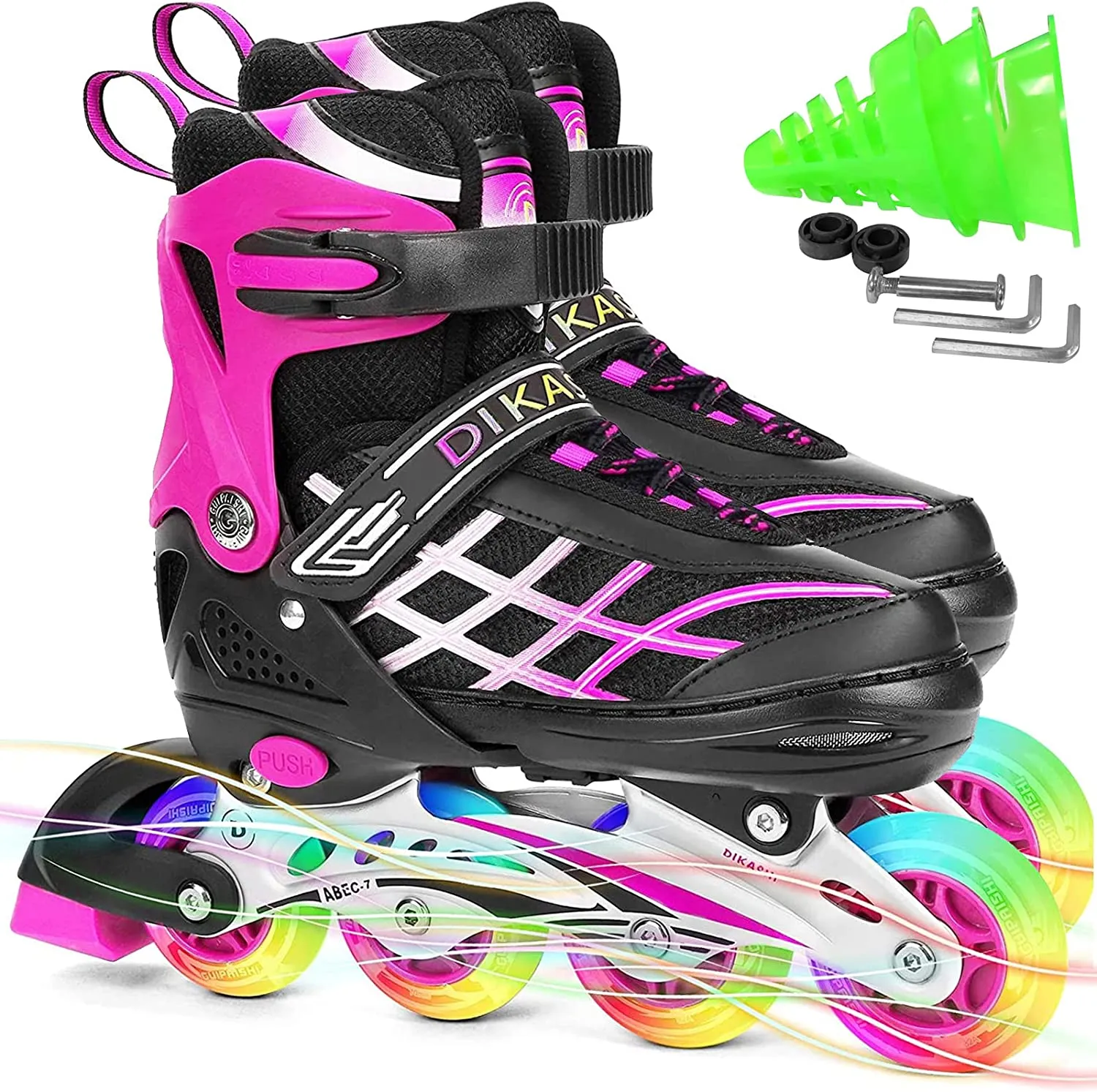 Kids Adjustable Inline Skates with Light Up Wheels Size27-32 Pink