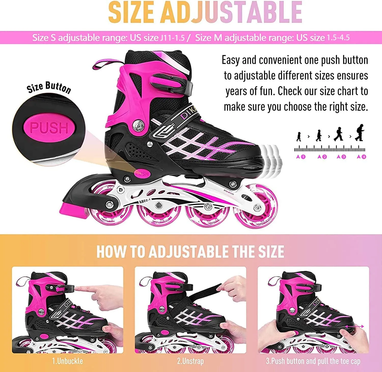 Kids Adjustable Inline Skates with Light Up Wheels Size27-32 Pink