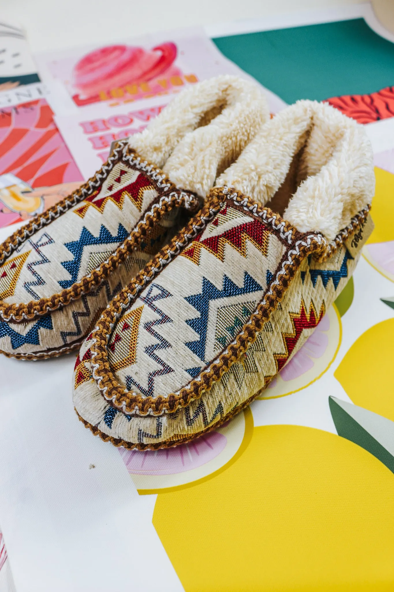 Nora Cream Blue Aztec Slippers