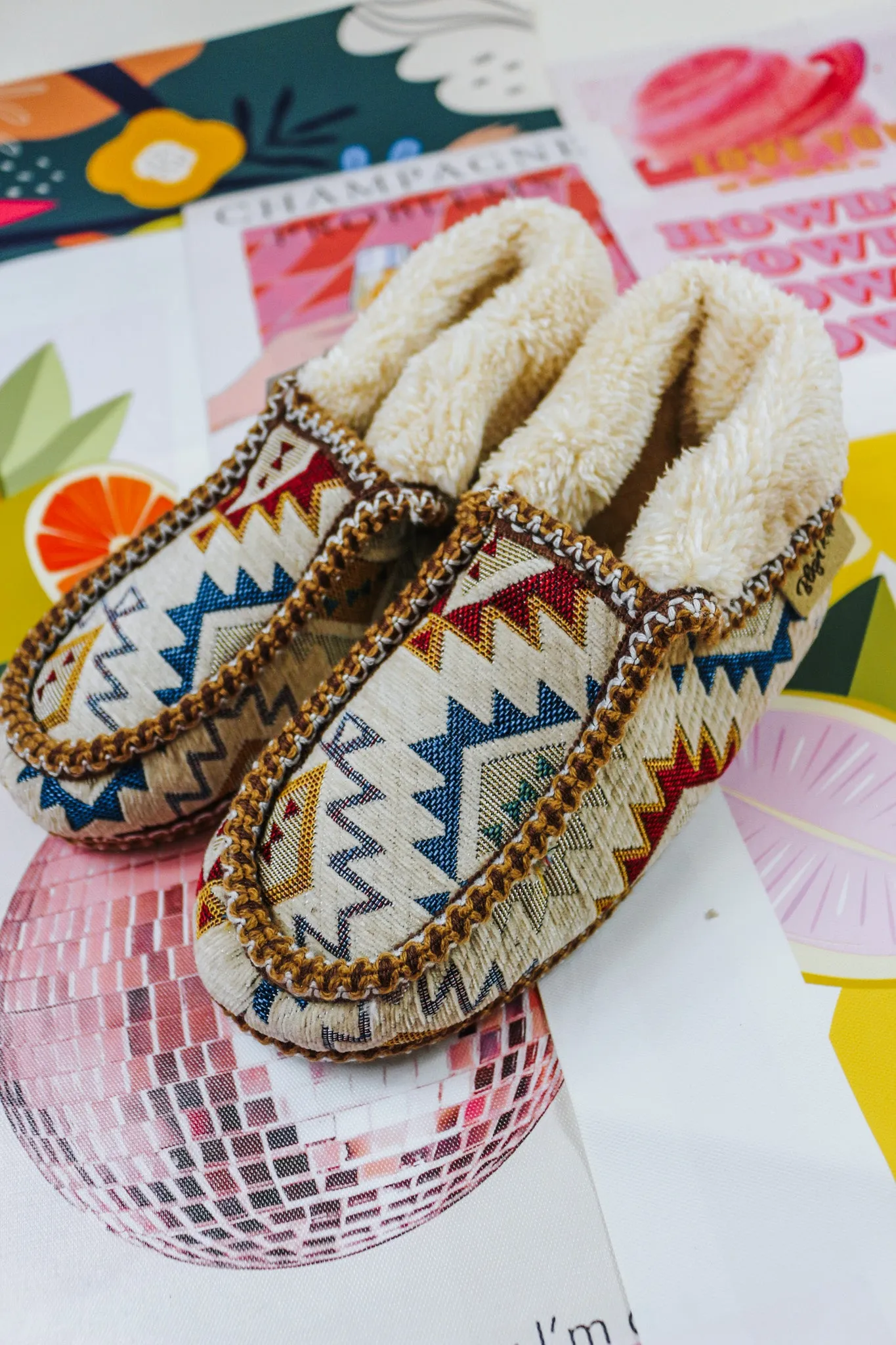 Nora Cream Blue Aztec Slippers