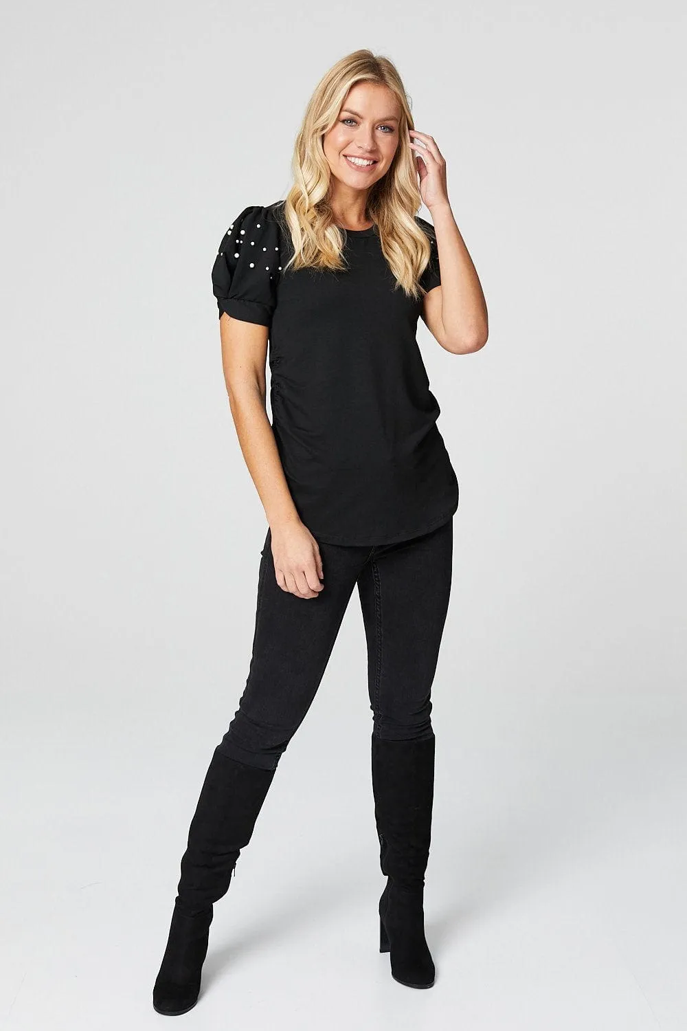 Pearl Embellished Short Sleeve T-Shirt