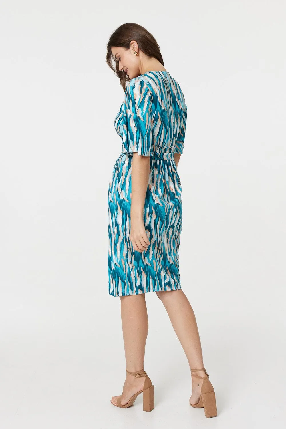 Printed 1/2 Angel Sleeve Faux Wrap Dress