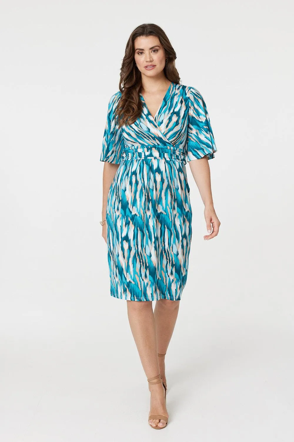 Printed 1/2 Angel Sleeve Faux Wrap Dress