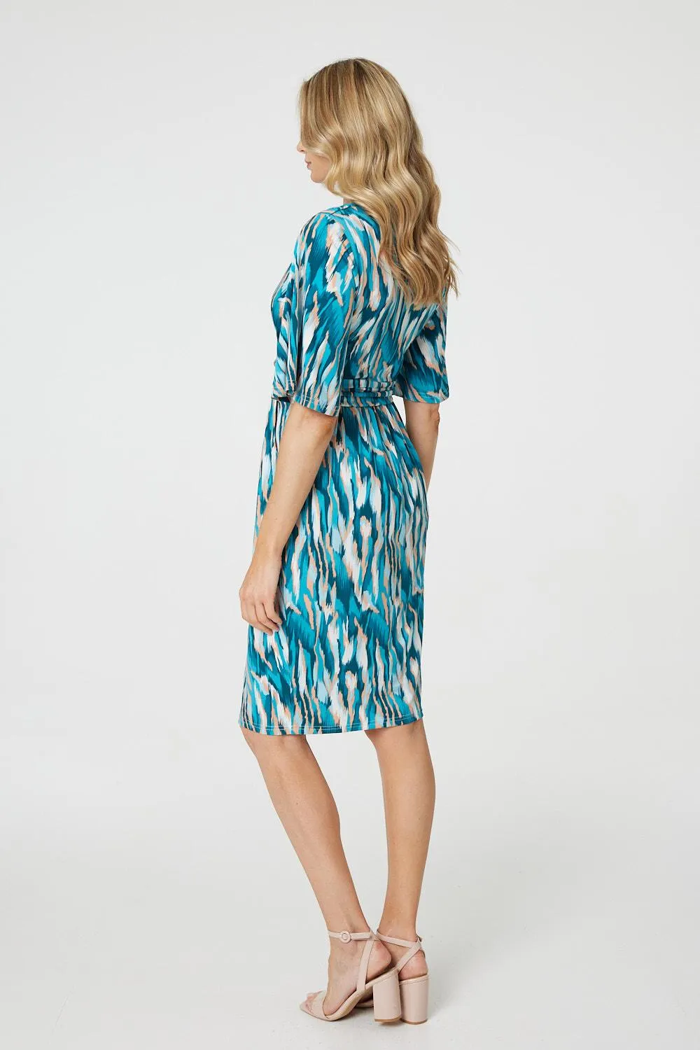 Printed 1/2 Angel Sleeve Faux Wrap Dress