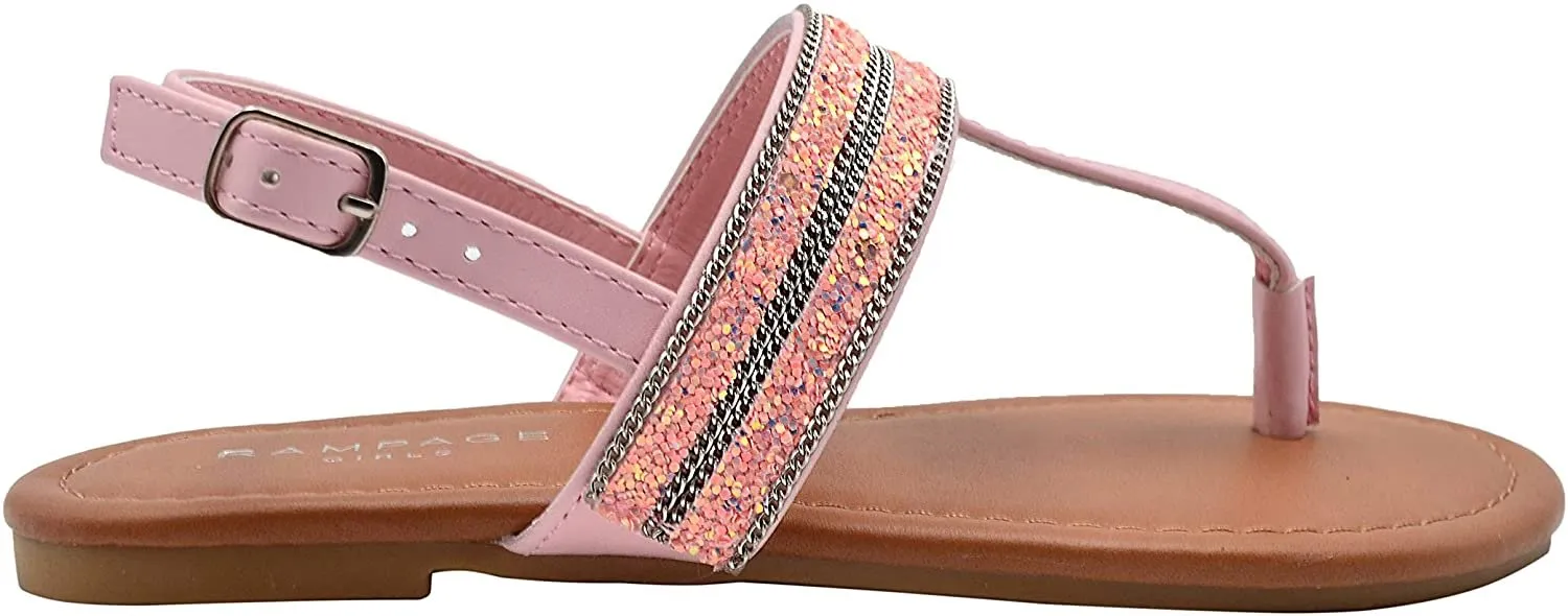 Rampage Girls Big Kid Glitter T-Strap Thong Slide Sandal with Adjustable Back Strap - Fashion Summer Flat Shoes