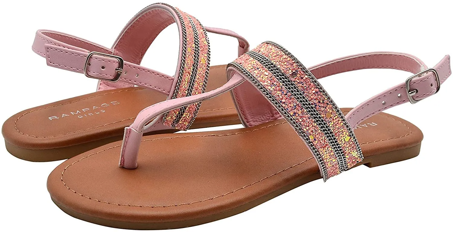 Rampage Girls Big Kid Glitter T-Strap Thong Slide Sandal with Adjustable Back Strap - Fashion Summer Flat Shoes