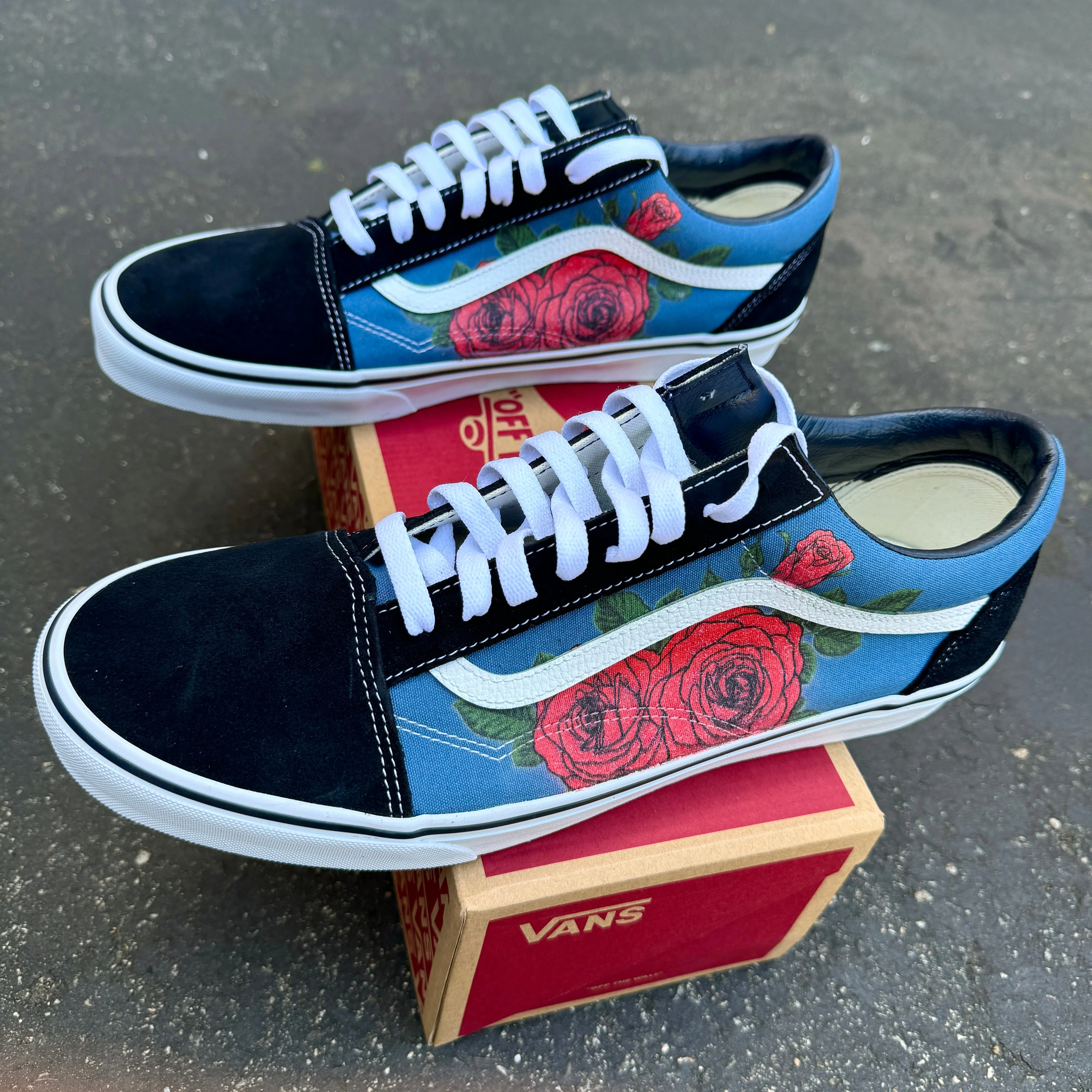 Red Roses on Vans Old Skool Shoes for Women and Men