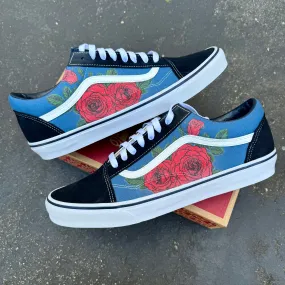 Red Roses on Vans Old Skool Shoes for Women and Men