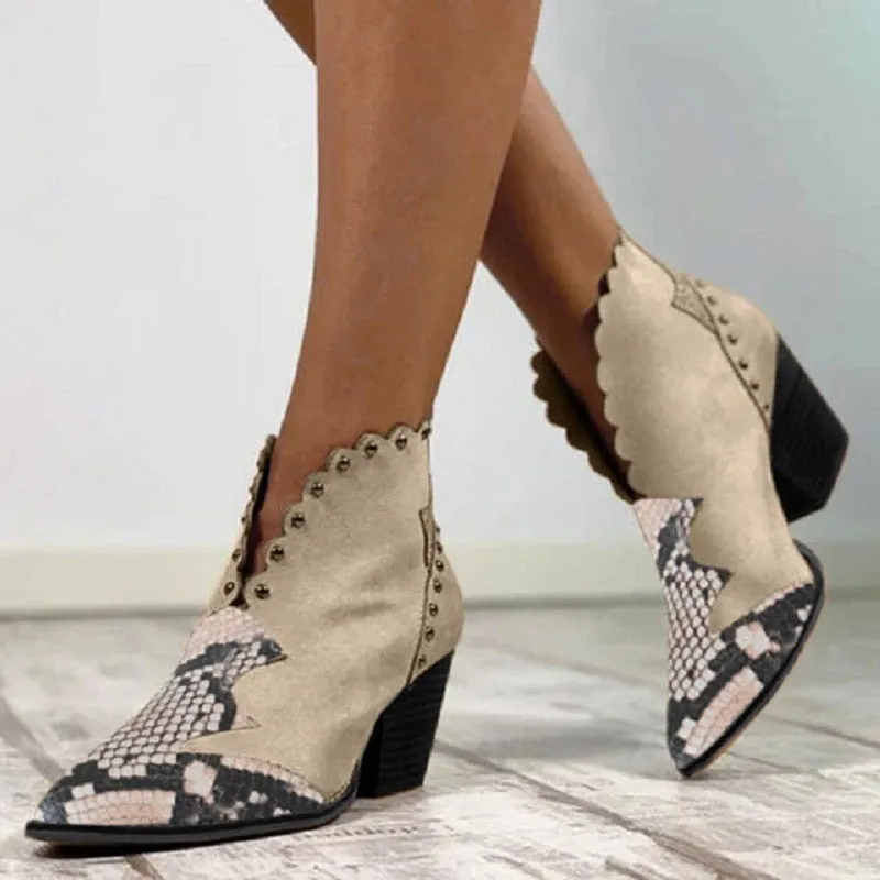 Retro Ankle Slip on Pointed Toe Snake Rivet Mixed Color Soft Leather Boots