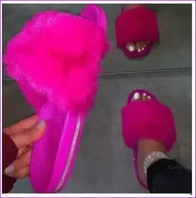 Spring/Summer New Rhinestone Flat Bottom Oversized Furry Sandals and Slippers