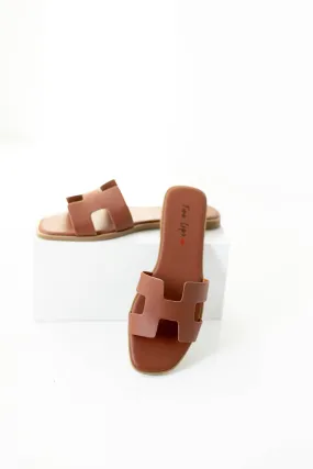 'Tahoe' Open Toe Slide Sandals in Rust Brown FINAL SALE